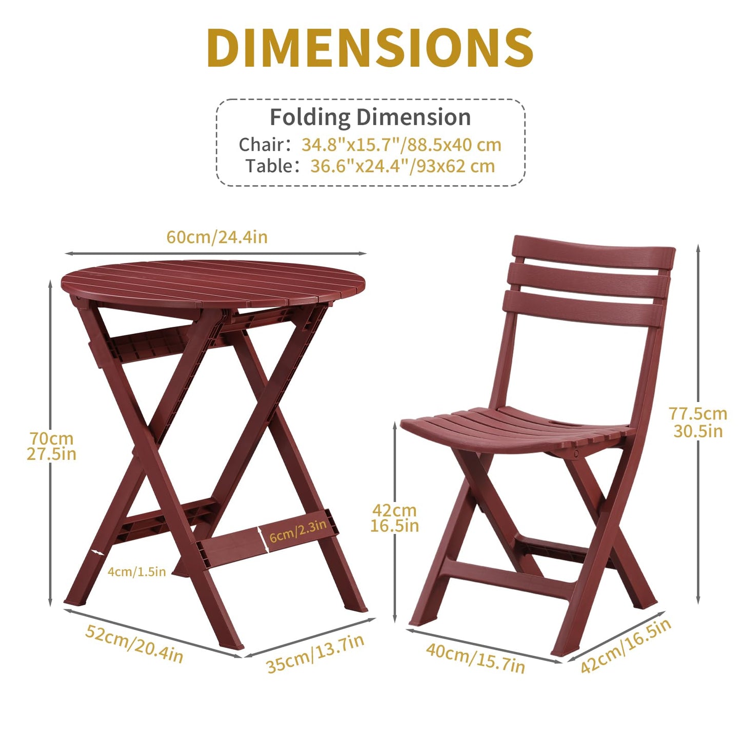 KAIHAOWIN Folding Bistro Set Foldable Outdoor Cafe Table and Chairs for 2 Small Furniture 3-Piece Porch Backyard Balcony Garden Patio-Red
