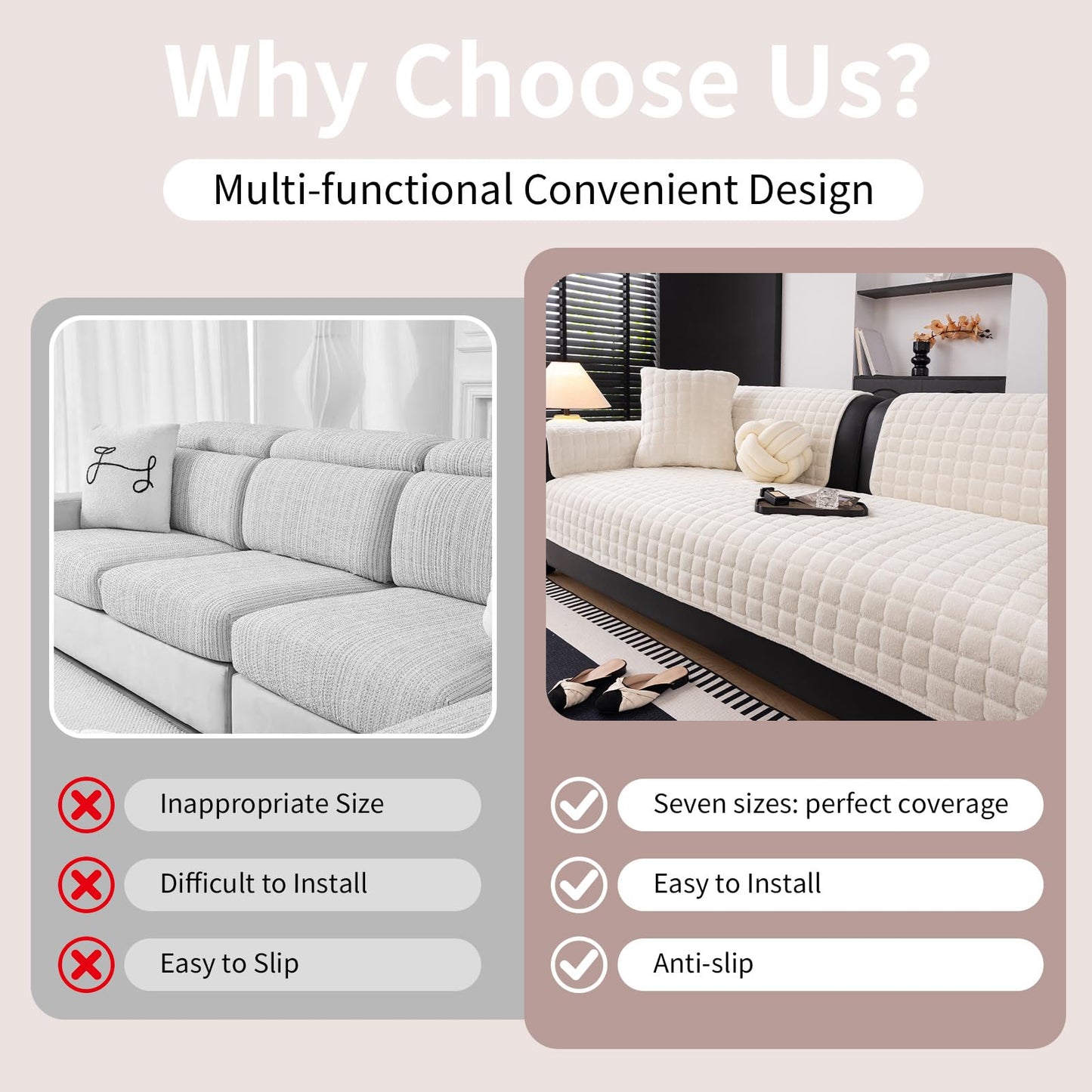 MDSASFD Velvet Couch Cover, Washable Sectional Sofa Cover, Anti Slip Sofa Slipcovers for 3 Cushion Couch Sofa L Shaped Recliner, Furniture Protector Covers for Pets Kids(White, Only 1 PCS)