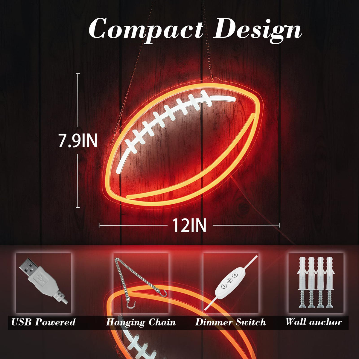 Football Neon Sign for Wall Decor, Dimmable LED Light for Bedroom Sports Room Decor, Football Gifts for Boys 8-12, 12 x 7.9 Inches
