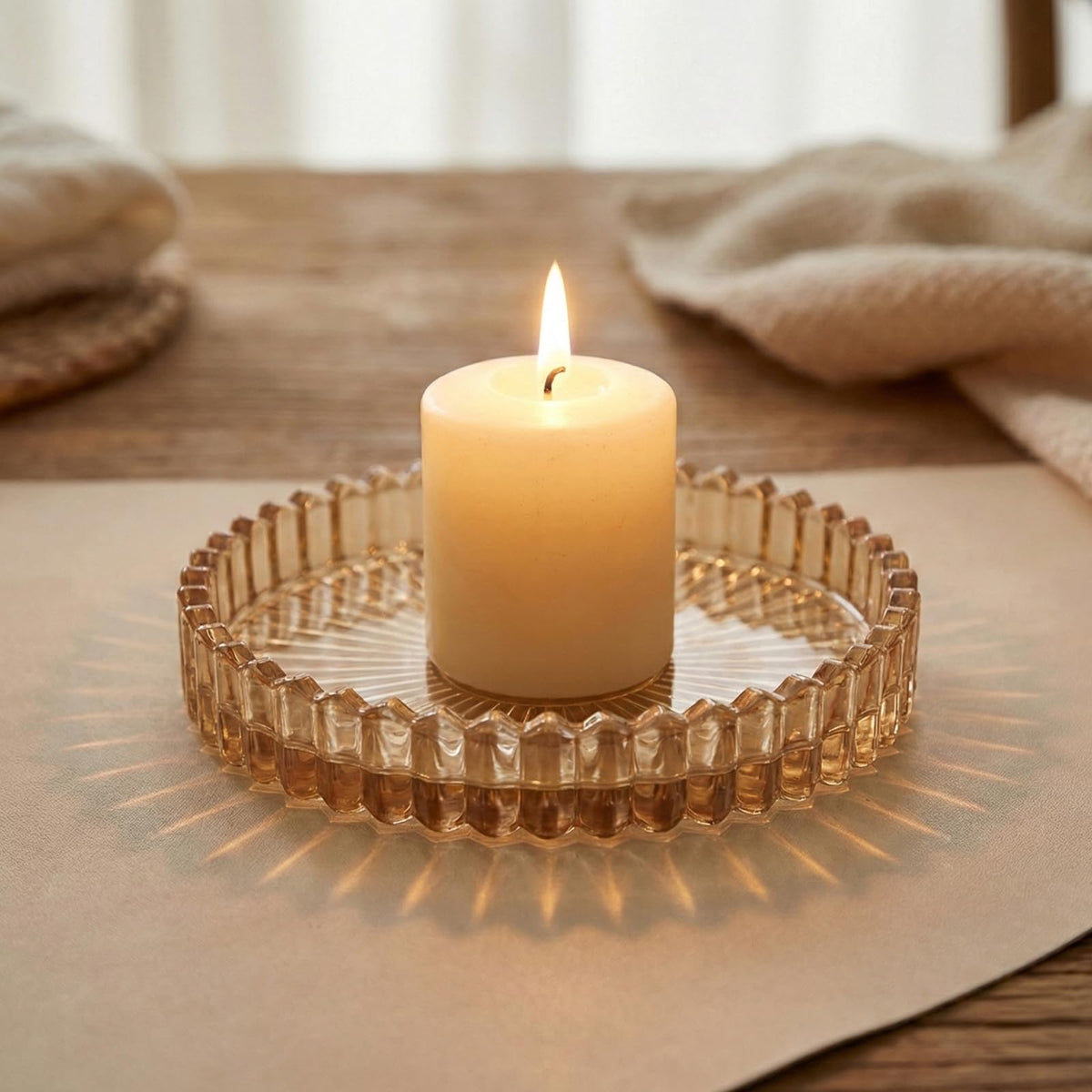 3PCS Amber Ribbed Glass Jewelry Tray, Coasters & Pillar Candle Holders