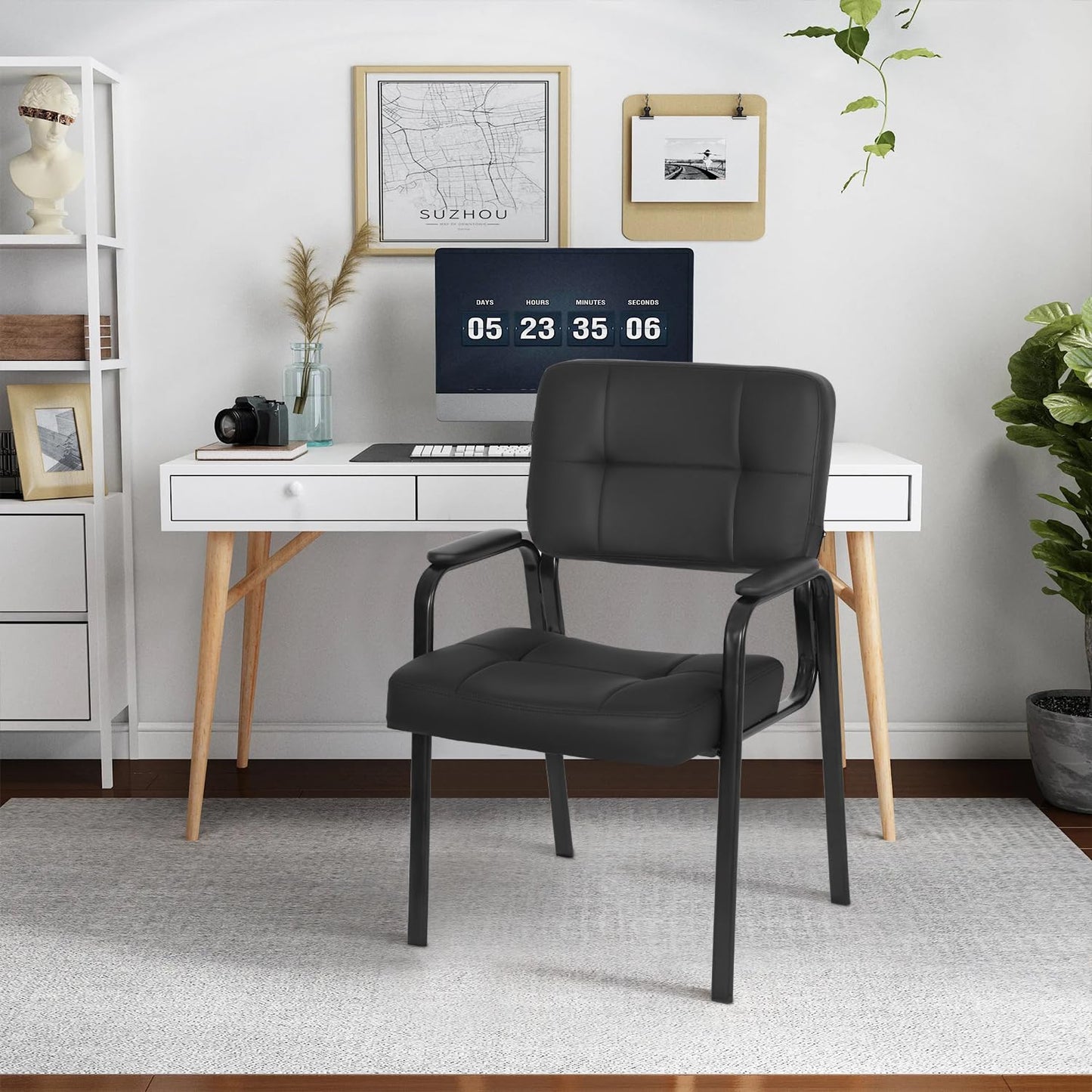 FDW Office Guest Chair Reception Chair Waiting Room Chairs with Padded Armrest PU Leather for Home Office Reception Meeting Room Chair Lobby No Wheels, Black (2, Black)