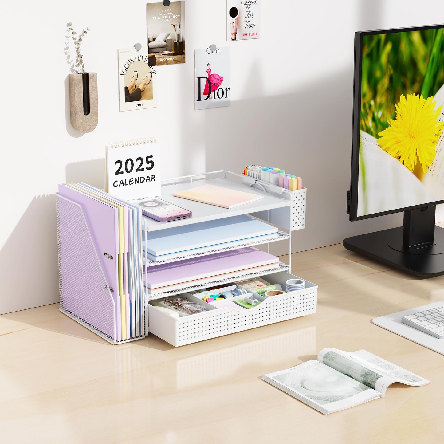 gianotter Wood Desk Organizers and Accessories with File Holder, 4-Tier Desk Accessories & Workspace Organizers with Drawer and Pen Holder, Desk Reference Organizer (White, 4T with Drawer)