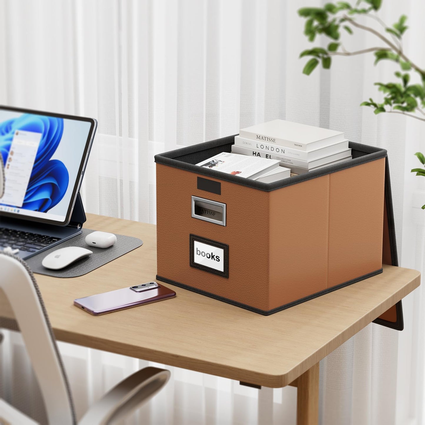Huolewa Faux Leather File Organizer Box with Lid, Collapsible Hanging File Folder Box Organizer with Plastic Slides, Decorative Home/Office Filing System Boxes for File and Folder Storage