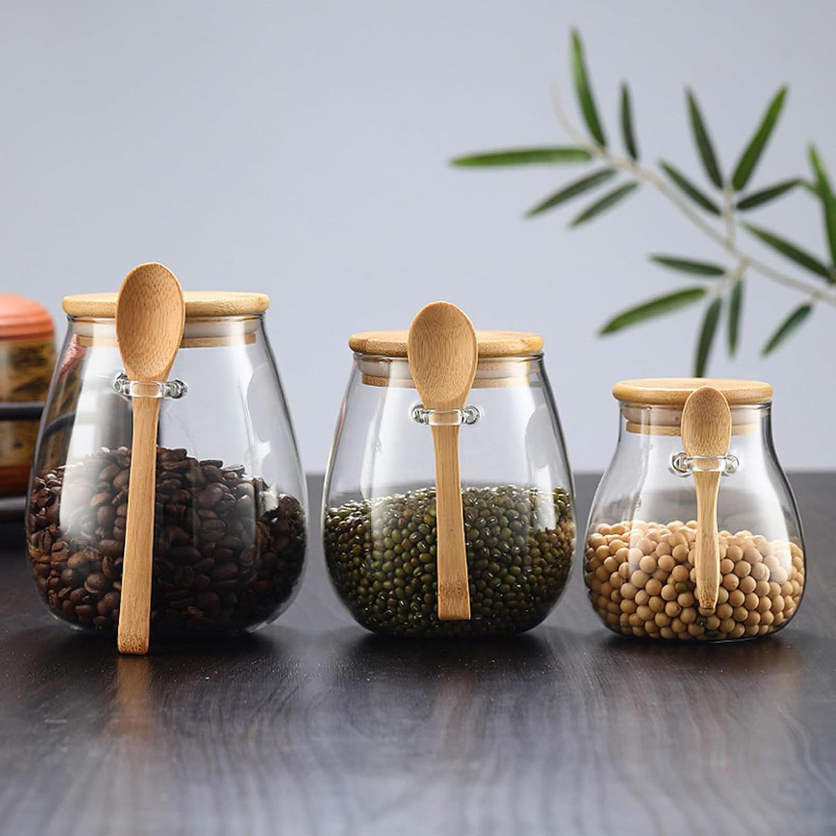 DNIENKGE Airtight glass jar storage container with bamboo lid Set of 4, wide mouth, leak-proof, With a spoon, can be used for coffee beans, tea leaves, grains, dried fruits, etc (Small*4pcs)