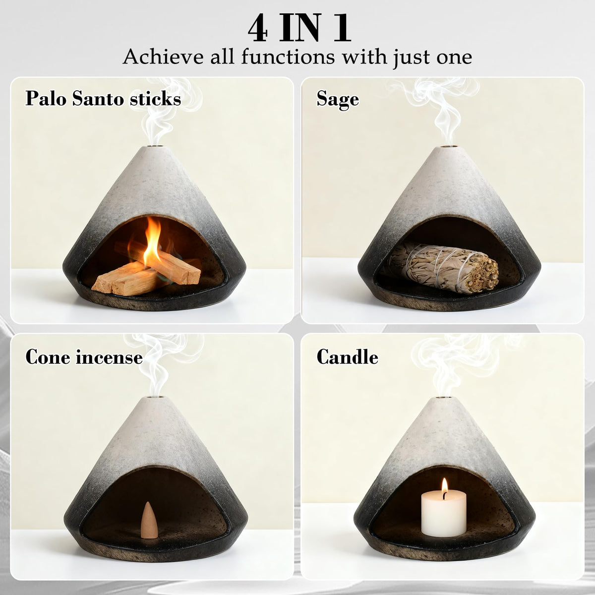 Fluvie Incense Burner Holder for Palo Santo Sticks,Sage,Cone,Mountain-Inspired Handcrafted Ceramic Ash Catcher Smudge Bowl for Yoga Meditation Energy Cleansing Room Décor,Black
