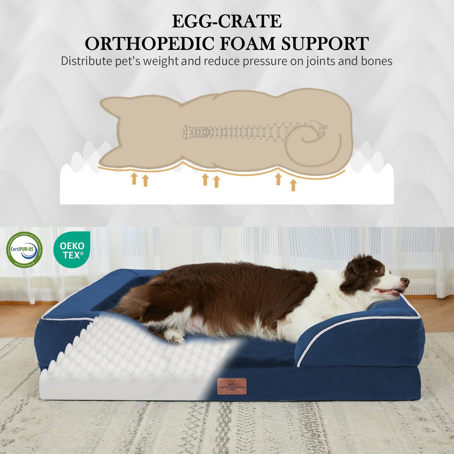 Comfort Expression Orthopedic Dog Bed for Extra Large Dogs 42x30 Inch, Waterproof Egg Crate Foam XL Pet Bed with Removable Bolsters, Dog Couch with Washable Cover & Non-Slip Bottom, Navy Blue