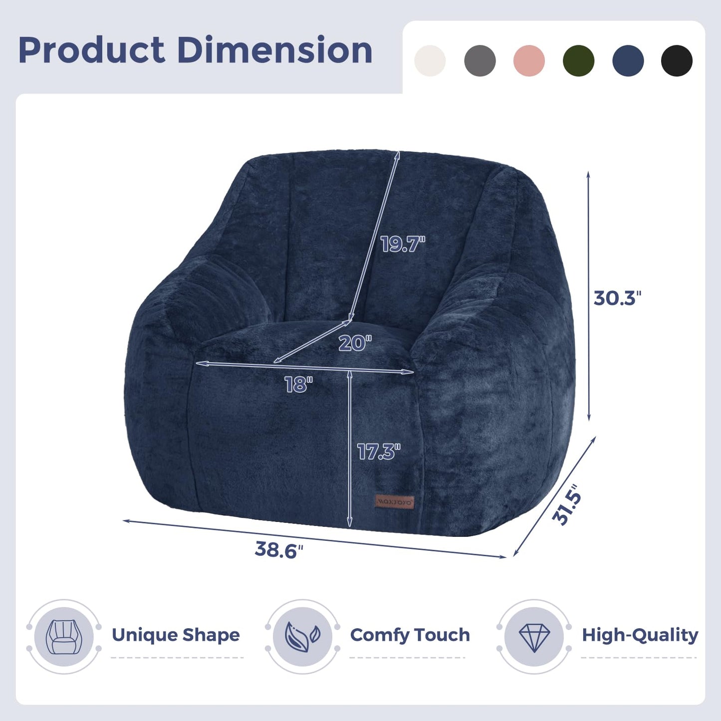 MAXYOYO Bean Bag Chair, Comfy Bean Bag Sofa with Back Support, Faux Fur Bean Bag Chair for Adults and Kids, Stuffed Floor Sofa for Living Room, Bedroom, Apartment, Navy