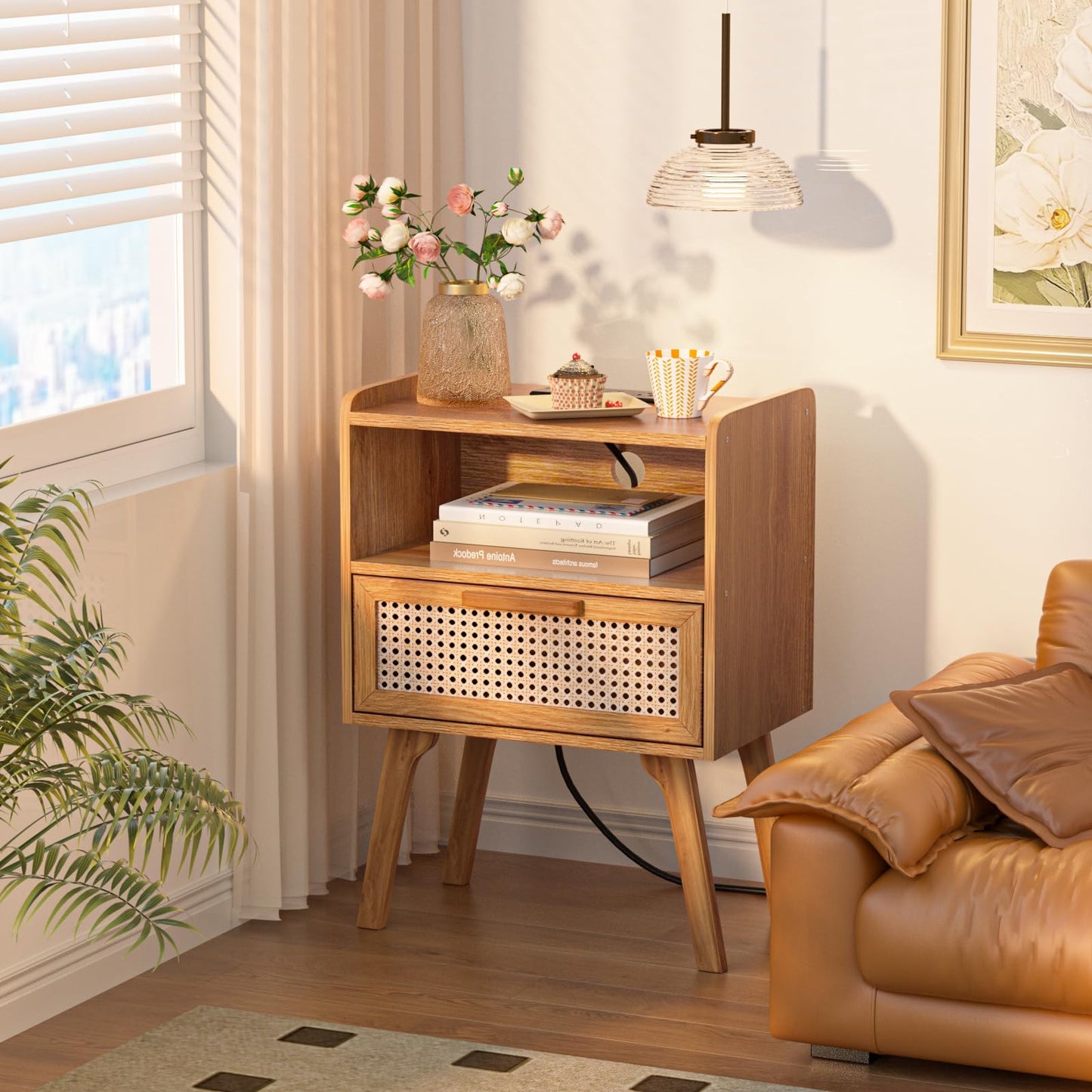 Lerliuo Rattan Nightstand with Charging Station, Side Table with Drawer, Cane Accent Bedside End Table with Solid Wood Legs, Night Stand for Bedroom, Dorm and Small Spaces (Tea Brown)