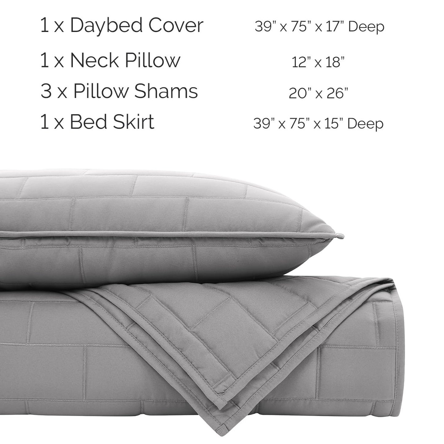 Southshore Fine Living, Inc. Twin Daybed Comforter Set, 6-Piece Bedding Set with Twin Daybed Cover, 3 Pillow Shams, Bed Skirt, Throw Pillow - Day Bed Quilt Set, Brickyard Steel Grey
