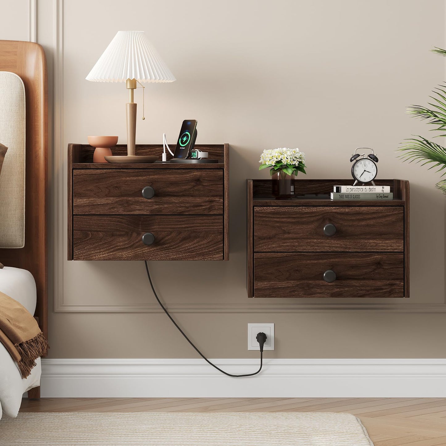Floating Nightstand Set of 2 with 2 Storage Drawers and Charging Station Wood Wall Mounted Bedside End Table Modern Night Stands Set 2 for Bedroom,Small Space,Brown Walnut