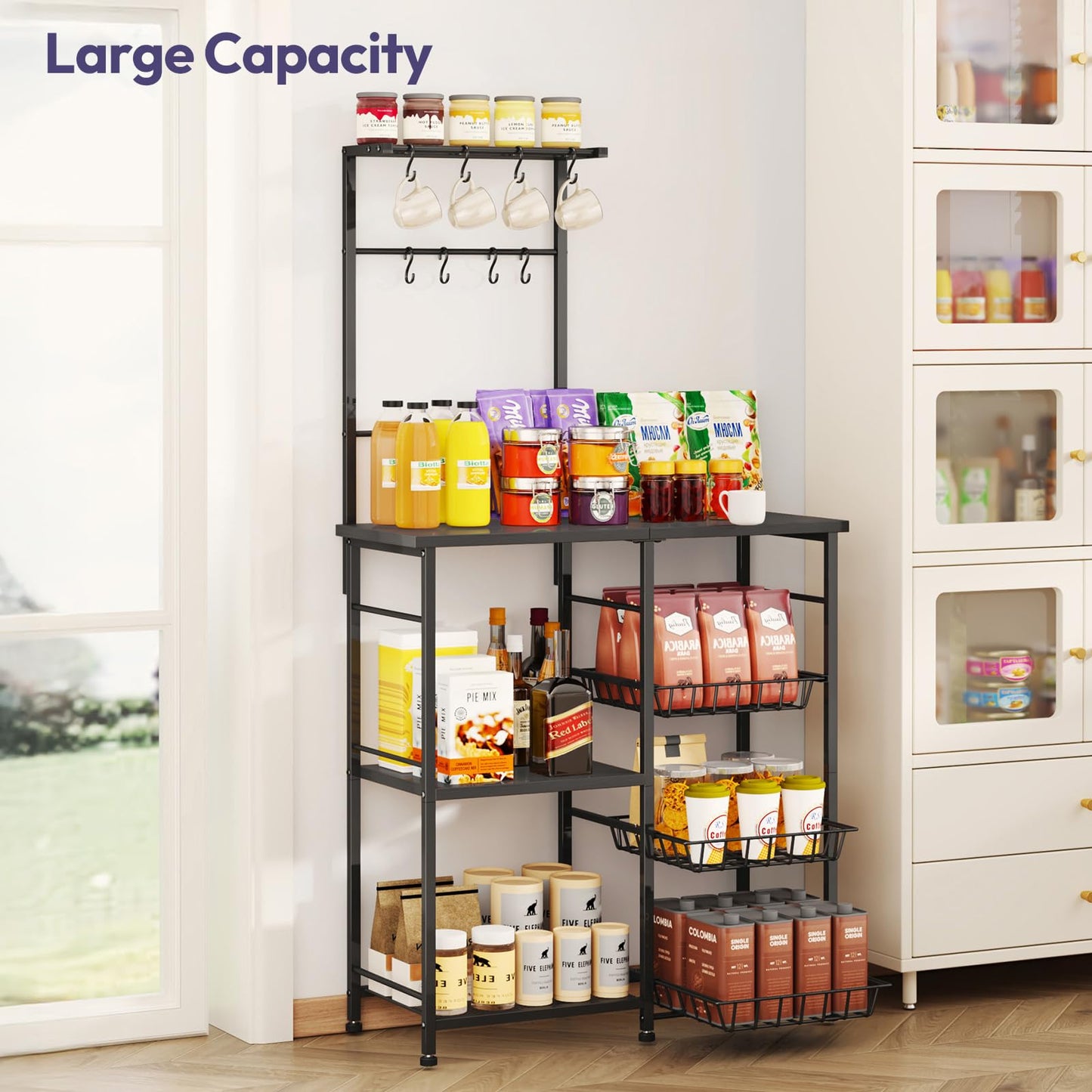 SWTYMIKI Bakers Rack with Storage - Coffee Bar Cabinet with Shelves, Coffee Station Organizer and Kitchen Stand with 8 Hooks, Baskets, Adjustable Feet for Kitchen Dining Room Pantry, Black