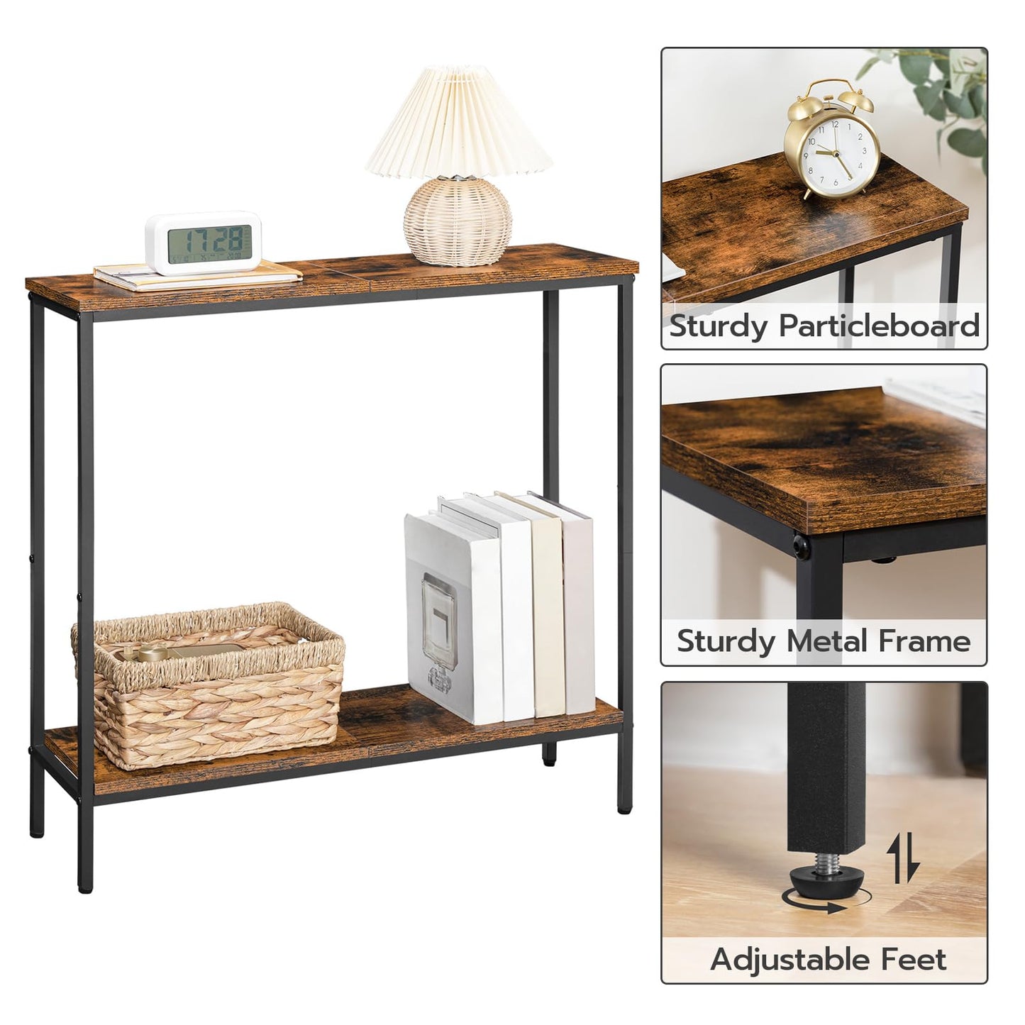 HOOBRO 29.5" L Narrow Console Table, Sofa Table Behind Couch with 2-Tier Storage Display Shelves, 8.7" D Small Entryway Table for Hallway, Foyer, Living Room, Bedroom, Rustic Brown and Black BF22XG01