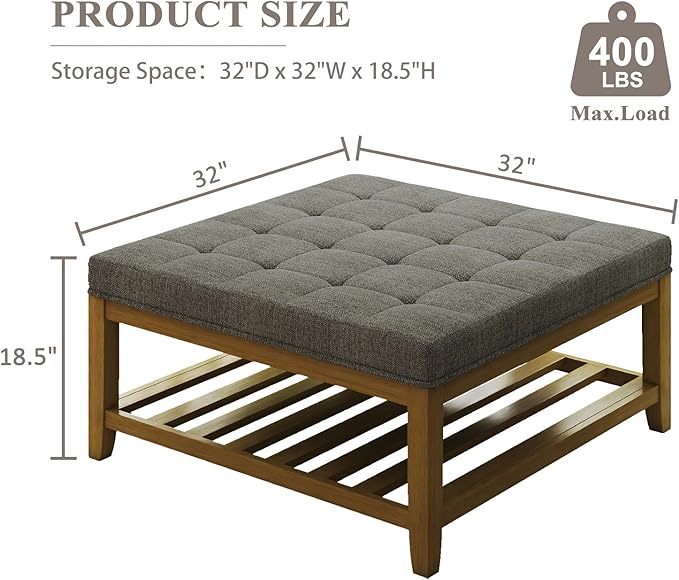 Befurtori Large Square Ottoman Coffee Table, Linen Solid Upholstered Footrest