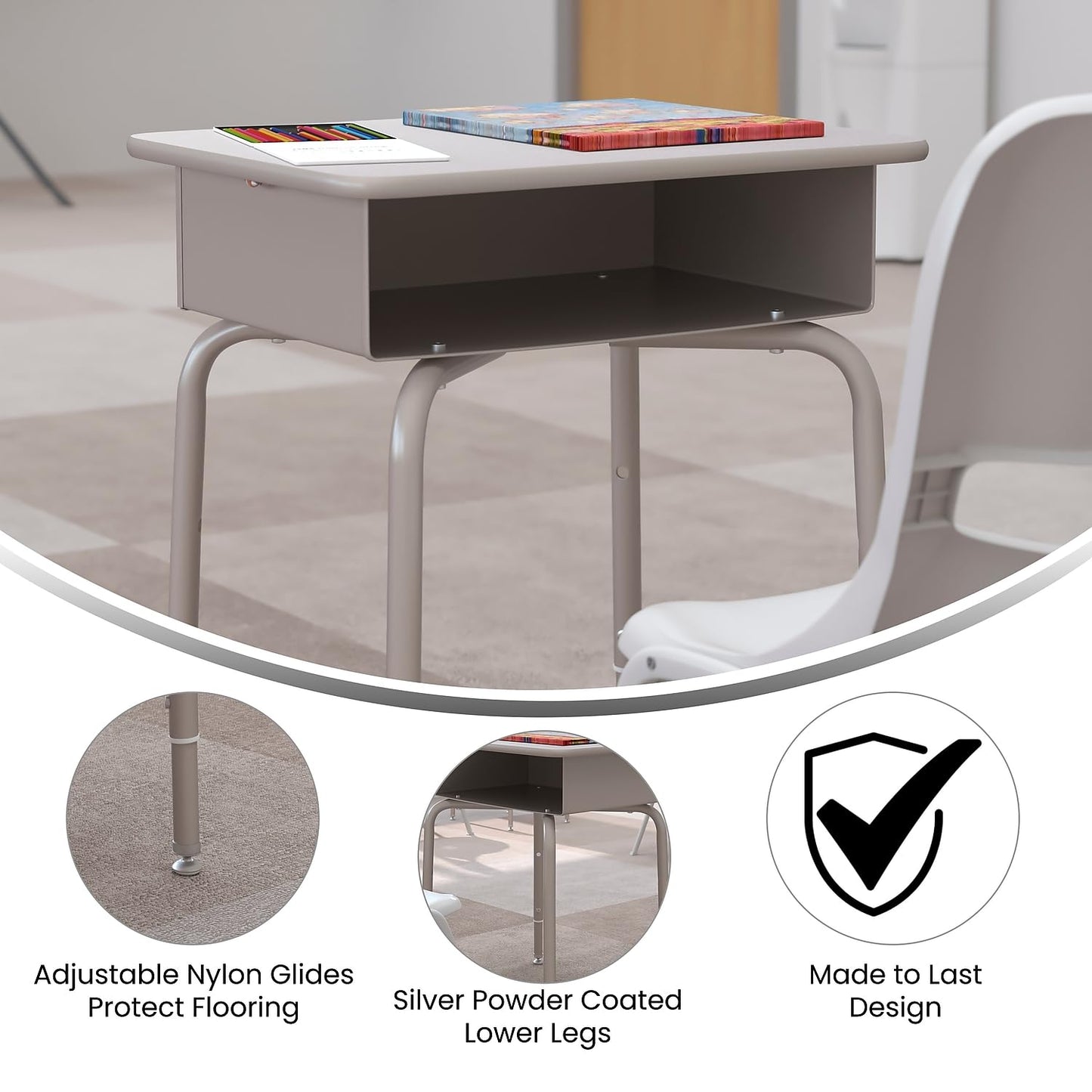 Flash Furniture Billie Student Desk - Gray Granite Open Front School Desk - Silver Metal Frame - 24"W x 18"D Adjustable Height, Durable for School or Remote Learning