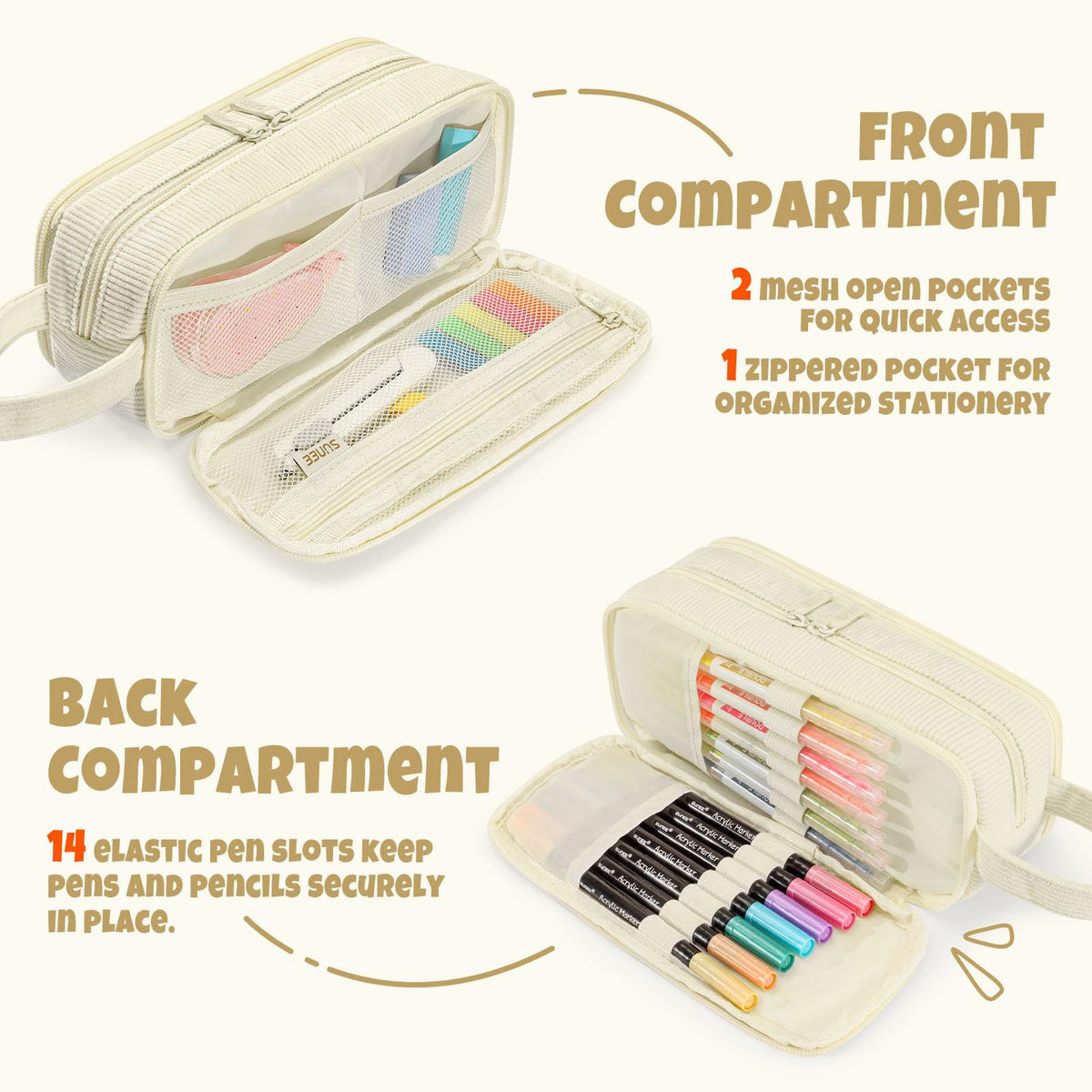 SUNEE Large Capacity Pencil Case with 3 Compartment, Extra Big Pencil Pouch, Pencil Bag with Zipper, Cute Stationery Organizer, Soft Corduroy Pen Box School Supplies for Student Teen Girls Boys, Beige