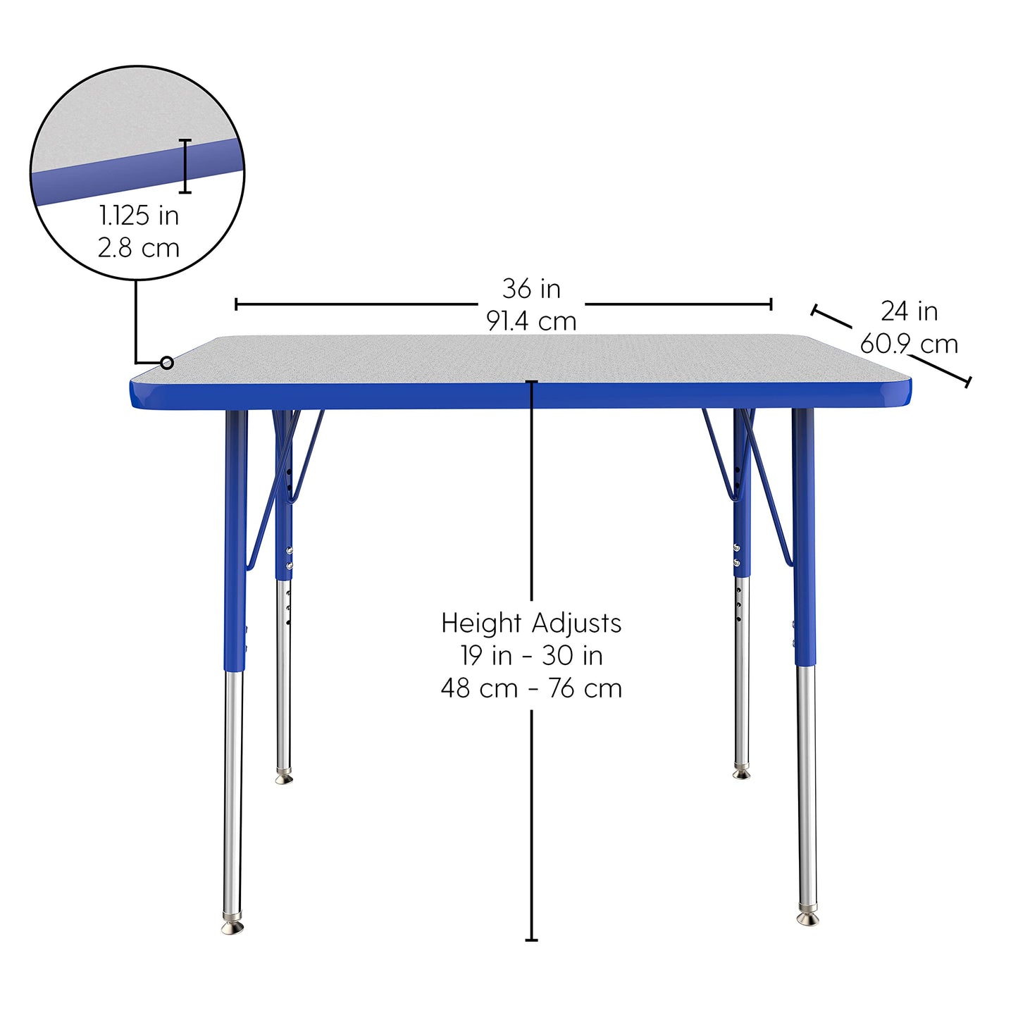 FDP Rectangle Activity School and Office Table (24 x 36 inch), Standard Legs with Swivel Glides, Adjustable Height 19-30 inches Quick Ship Single Box - Gray Top and Blue Edge