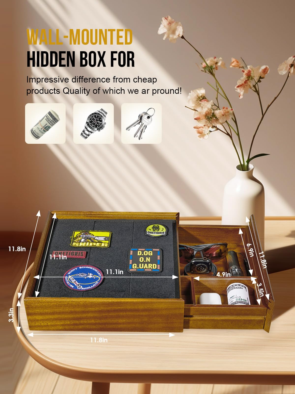 OneTigris Hidden Gun Storage, Concealment Furniture Hidden Gun Safe Concealment Shelf Wall Safe Wooden Photo Frame, Wall Mounted Hidden Compartment Furniture with Patches Display Panel