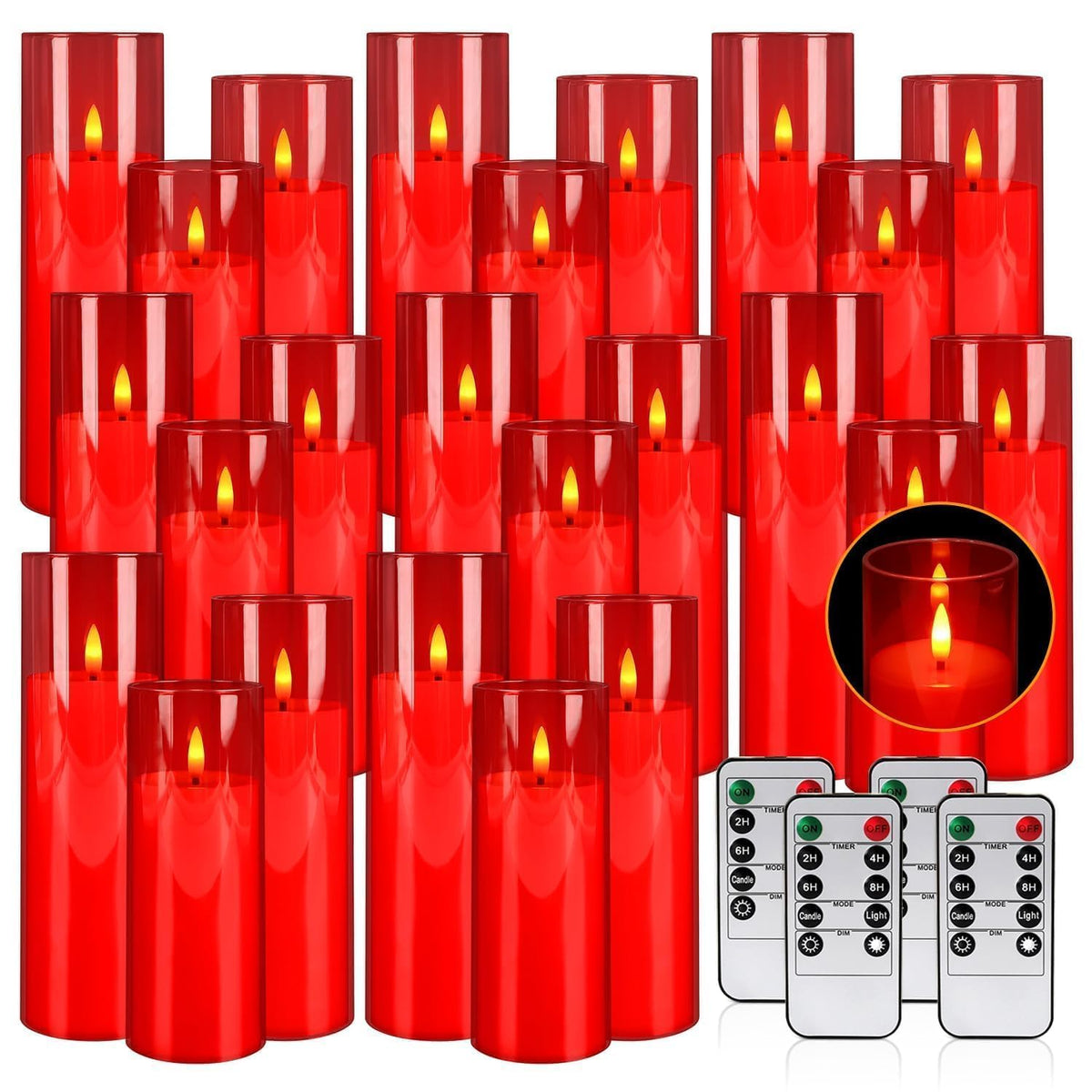 CLTNIKET 24-Pack Red Acrylic Flameless LED Candles with Remote Control - Realistic Flickering Battery - Operated Candles for Valentine's Day,Home Decor, Weddings, and Parties.