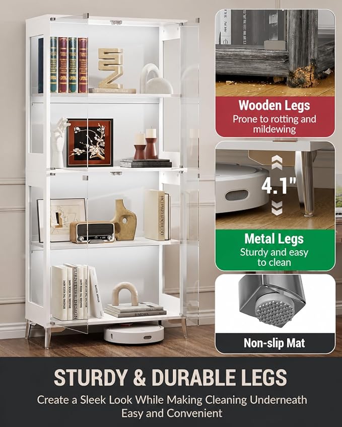 Display Cabinet with Glass Doors, 4-Tier Curio Cabinet, Adjustable Shelves