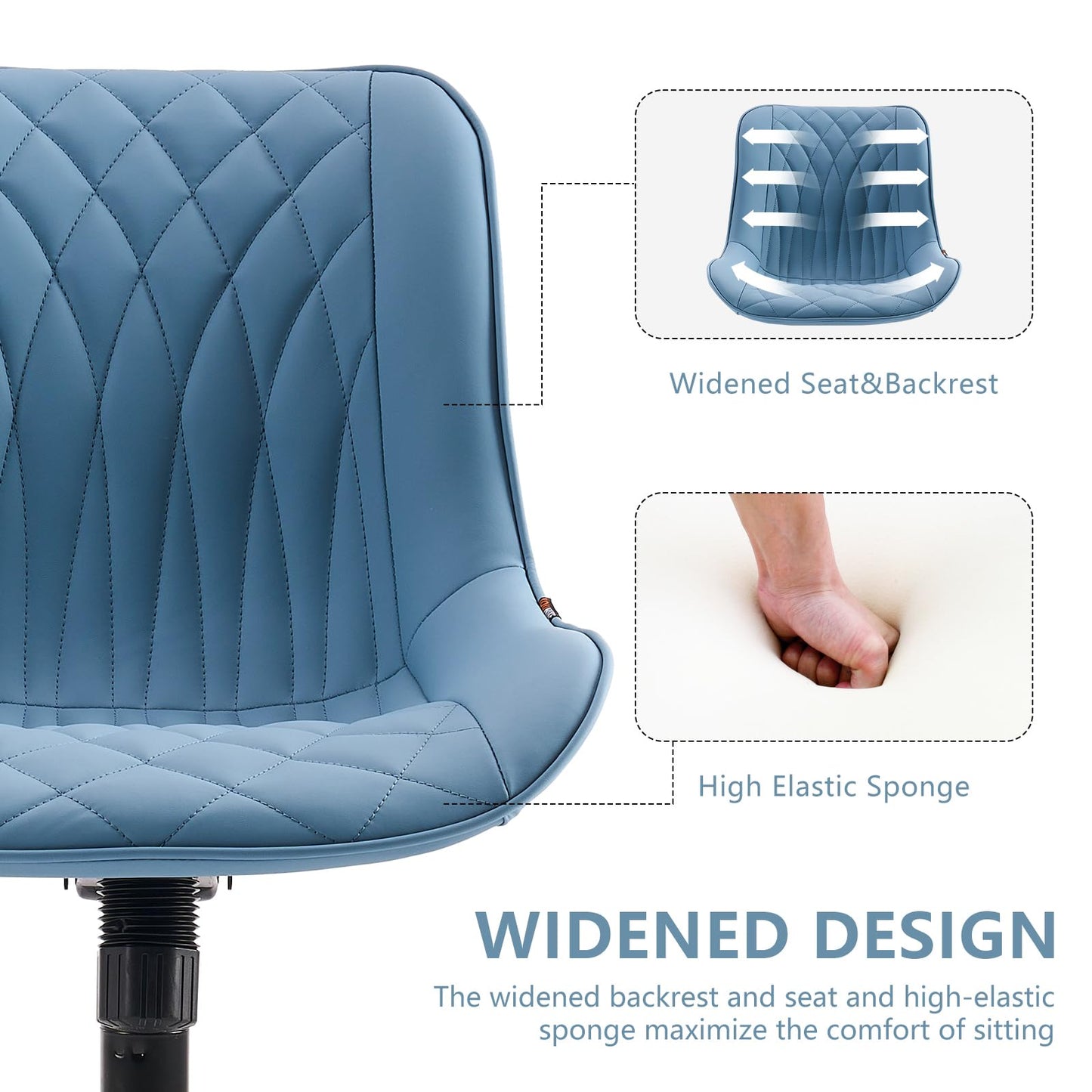 YOUNIKE Blue Ergonomic Home Office Desk Chair No Arms Comfy Small Criss Cross Chair with Wheels Swivel Adjustable Modern Vanity Chair with Back Armless Cute Leather Upholstered Rolling Task Chair