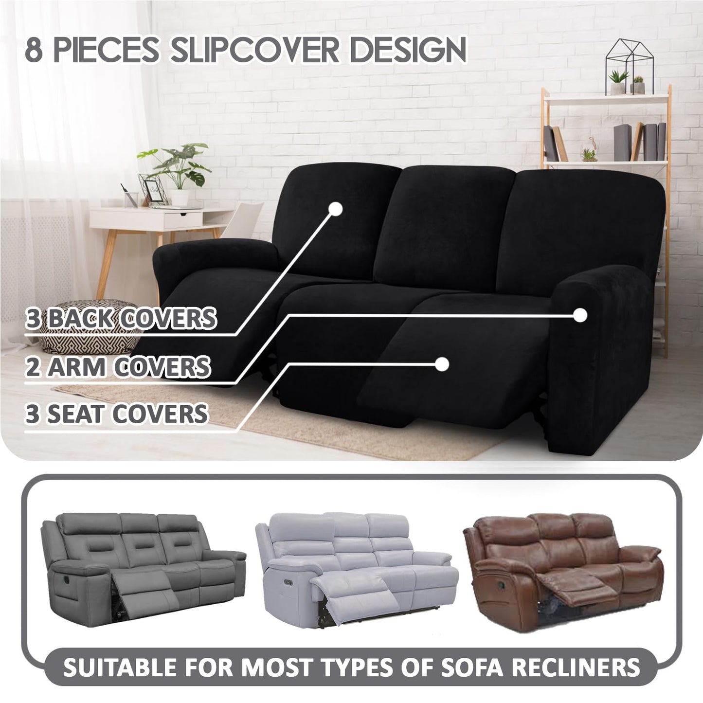 ULTICOR Velvet 8-Pieces Recliner Sofa Covers Stretch Reclining Couch Covers for 3 Cushion Reclining Sofa Slipcovers Furniture Covers Thick Soft Washable (3 Seater Recliner Cover, Black)