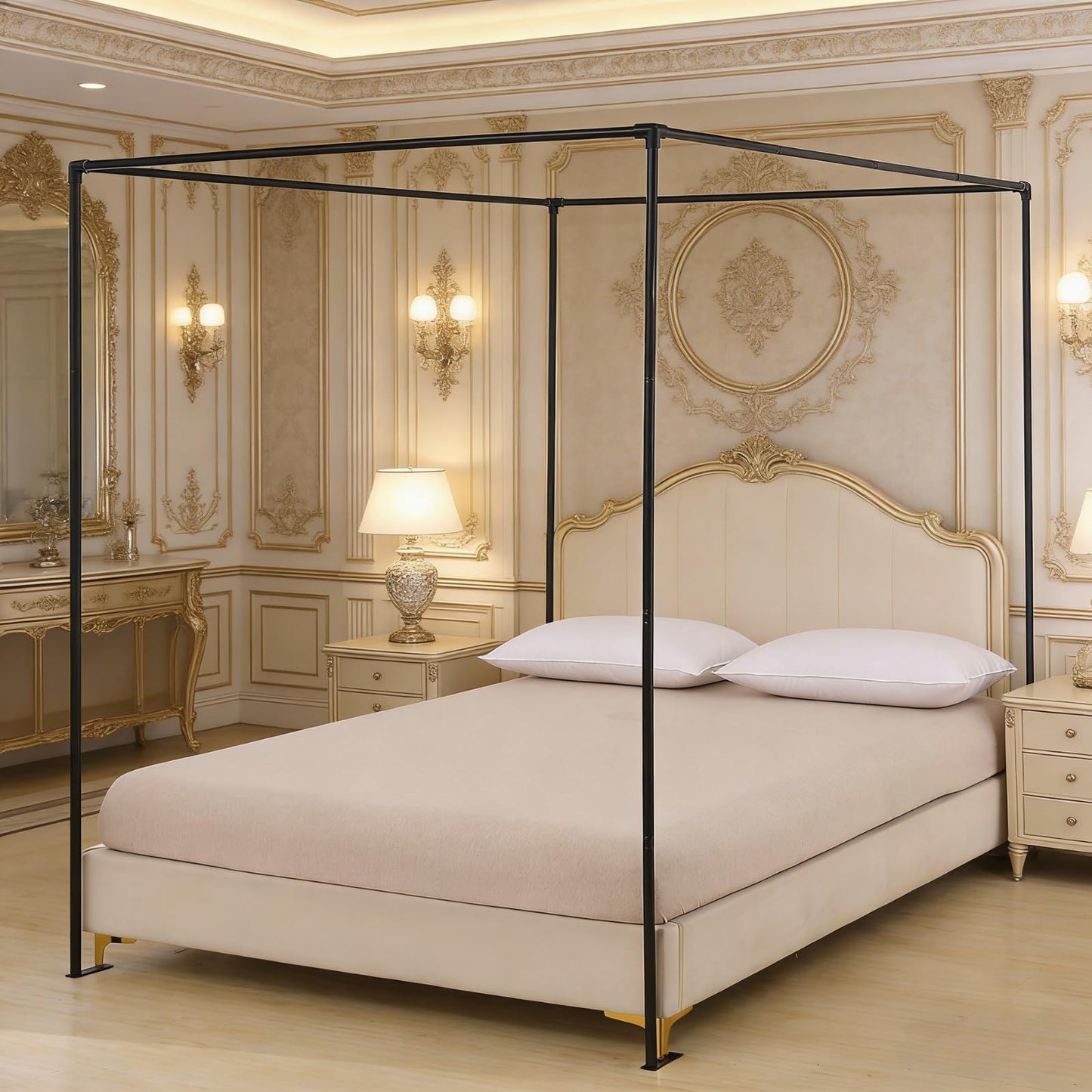 Beyeutao Black Canopy Bed Frame Queen Size 4 Poster Bed Frame with Removable Fixing Bases Four Corners Post Bed Canopy Frame Metal Mosquito Net Bracket Suitable for Bedroom Decoration Upgrade