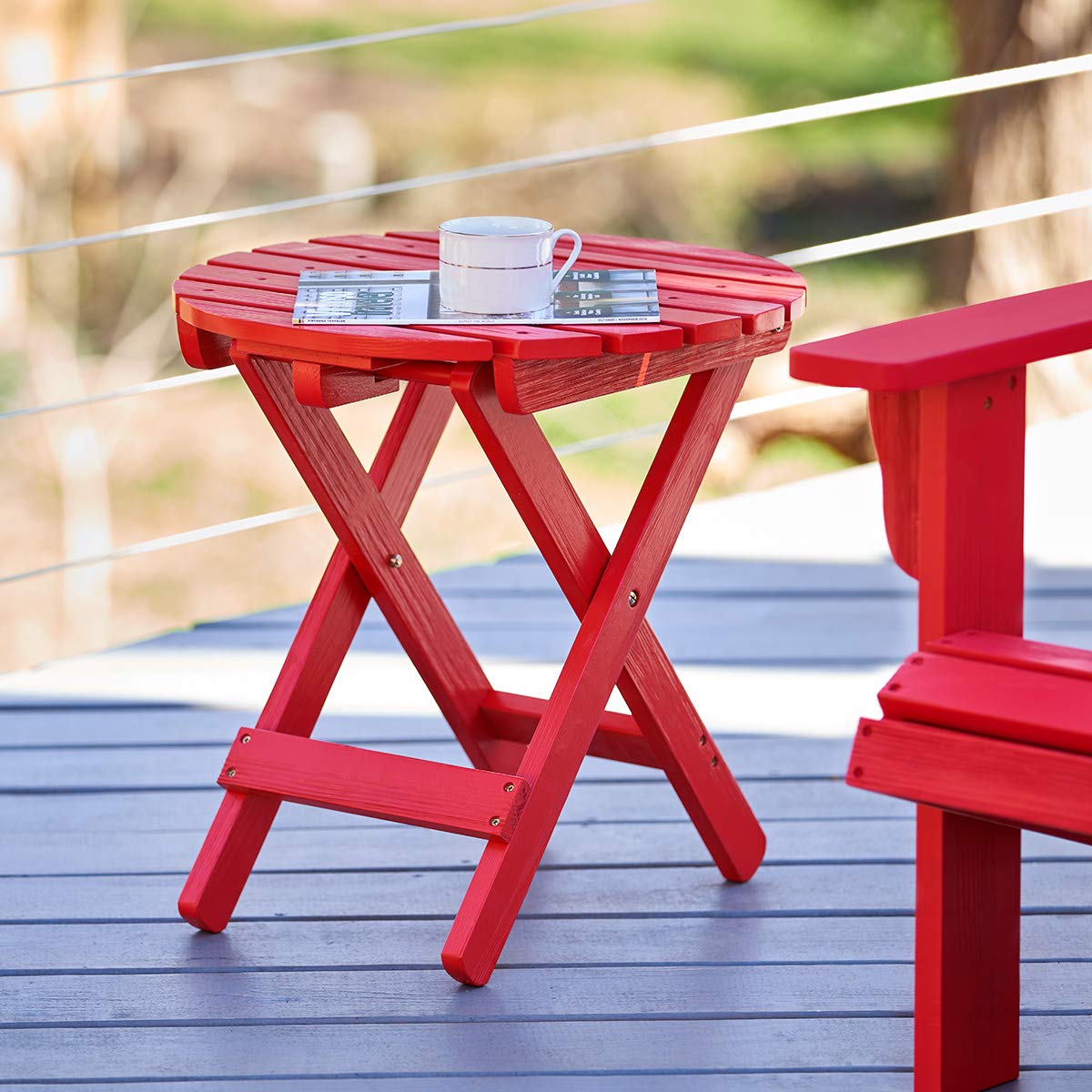 Shine Company Round Wooden Folding Solid Wood Side Table, Outdoor Adirondack Small Patio Table, Chili Red
