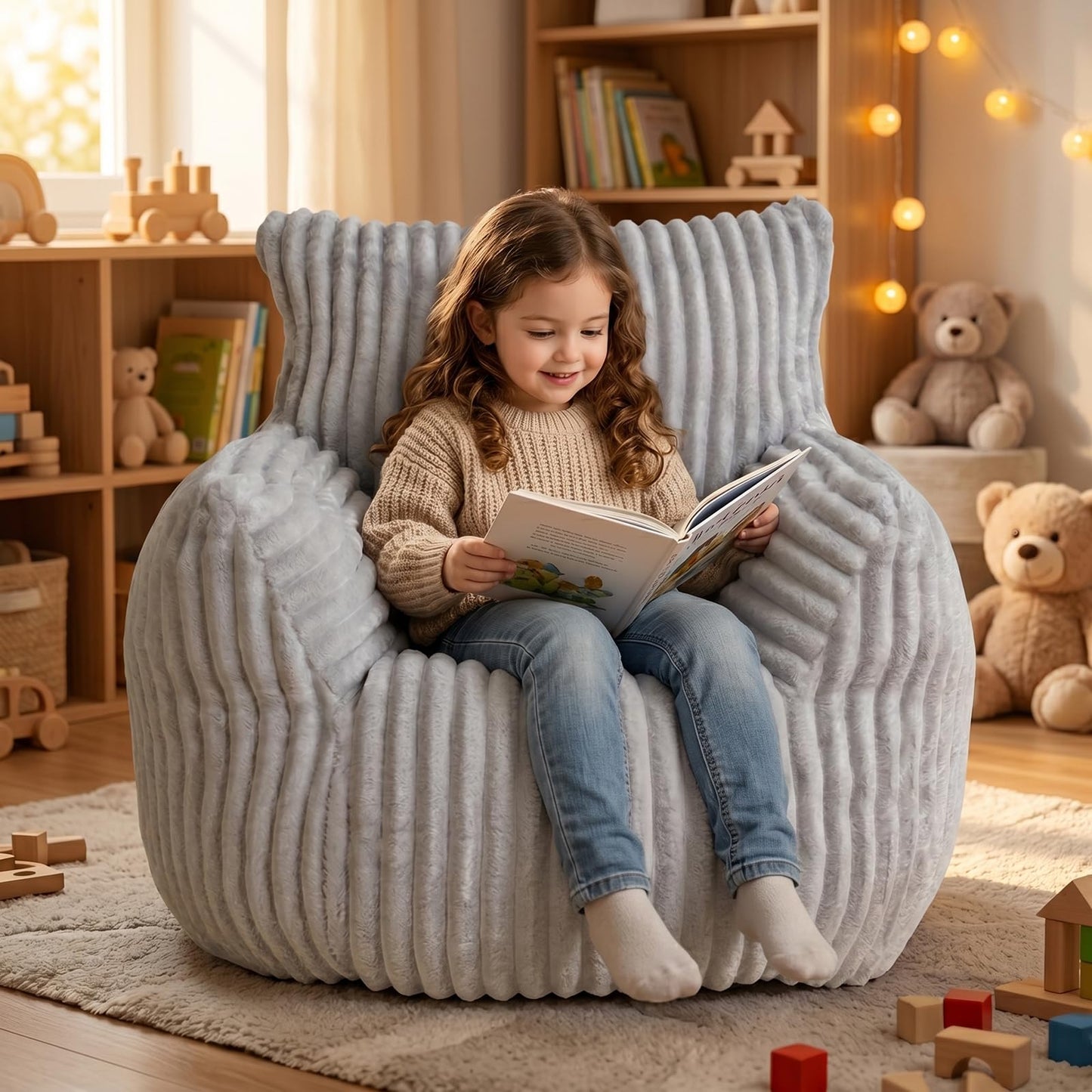 MaxiBean Bean Bag Chair - Plush Faux Fur Floor Seating Furniture Bean Bag Chair for Living Room, Bedroom, Playroom (2.5FT Stripe Grey)