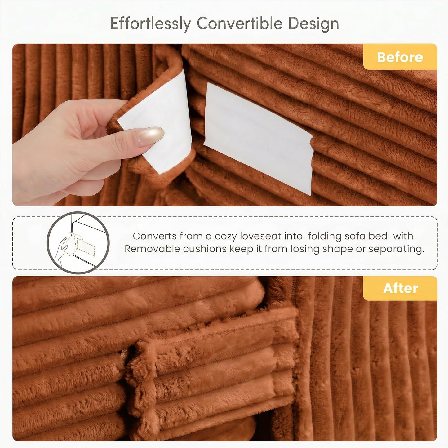 cidludto Convertible Sofa Bed, Boneless Couch 2 in 1 Loveseat Folding Couch Bed Foldable, Chair Bed & Futon Sofa Bed, Small Corduroy Pull Out Sofa with 4 Pillows for Living Room, Orange