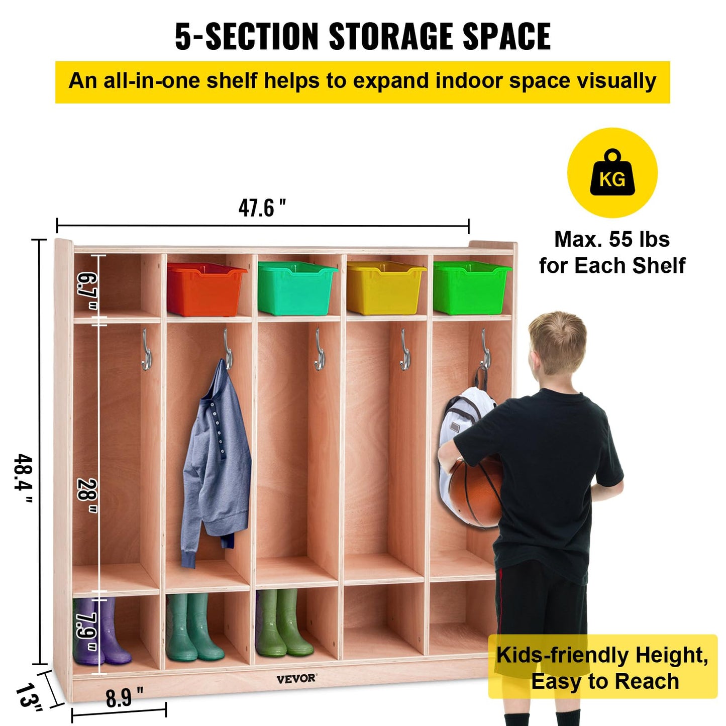 Happybuy 5-Section School Storage Locker, Wooden Storage Cabinet with 4 Casters, Classroom Cubbies for Storage, 15mm Thick Plywood Locker for Home, Office, School,Gym, Kindergarten