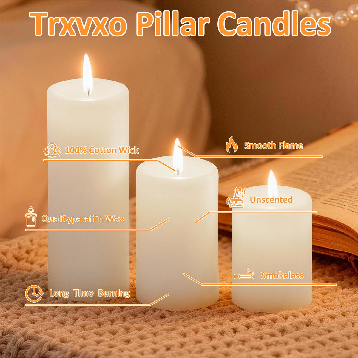 Trxvxo White Pillar Candles, 6-Pack Bulk Set in 3 Sizes (3, 6 & 8 Inch - 2 Each). Dripless, Unscented & Smokeless Hurricane Candles for Weddings, Parties & Home Decor.