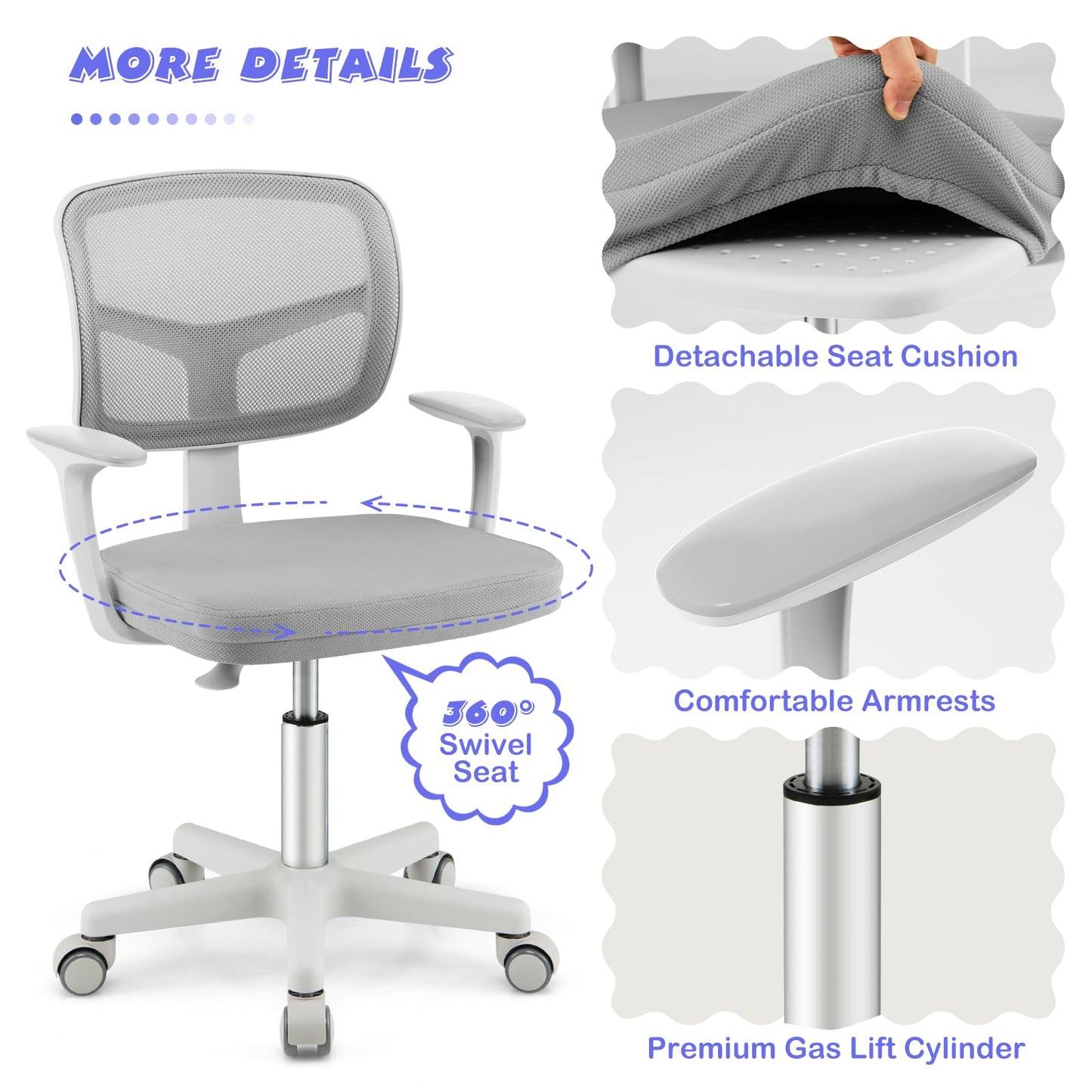 Costzon Kids Desk Chair, Adjustable Children Study Computer Chair with Arms & Wheels, Student Swivel Rolling Task Chair, Ergonomic Kids Office Chair for Boys Girls Age 4-12, Home Bedroom School, Grey