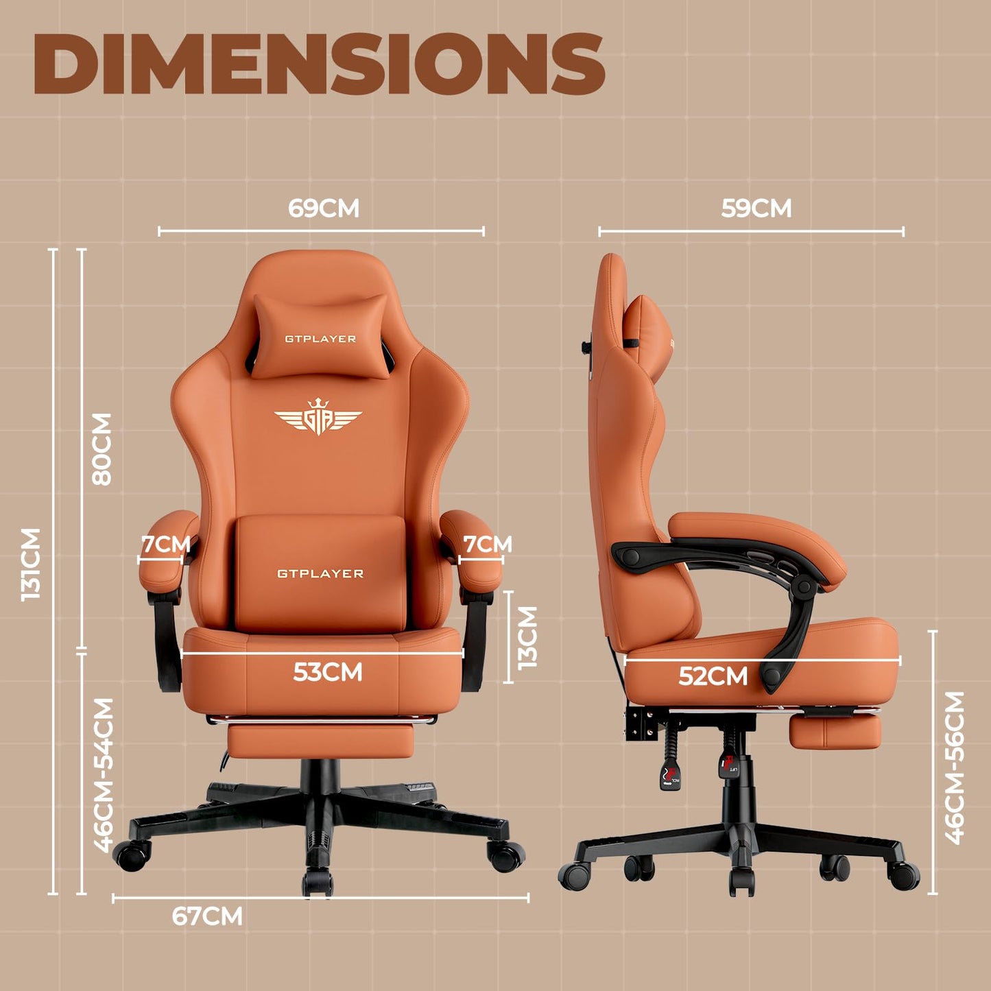 GTPLAYER Big and Tall Gaming Chair 400lbs Heavy Duty Office Chair with Footrest, High Back Pocket Spring Ergonomic Computer Chair for Adults, Wide Seated Cushion with Linkage Armrests,Leather Orange