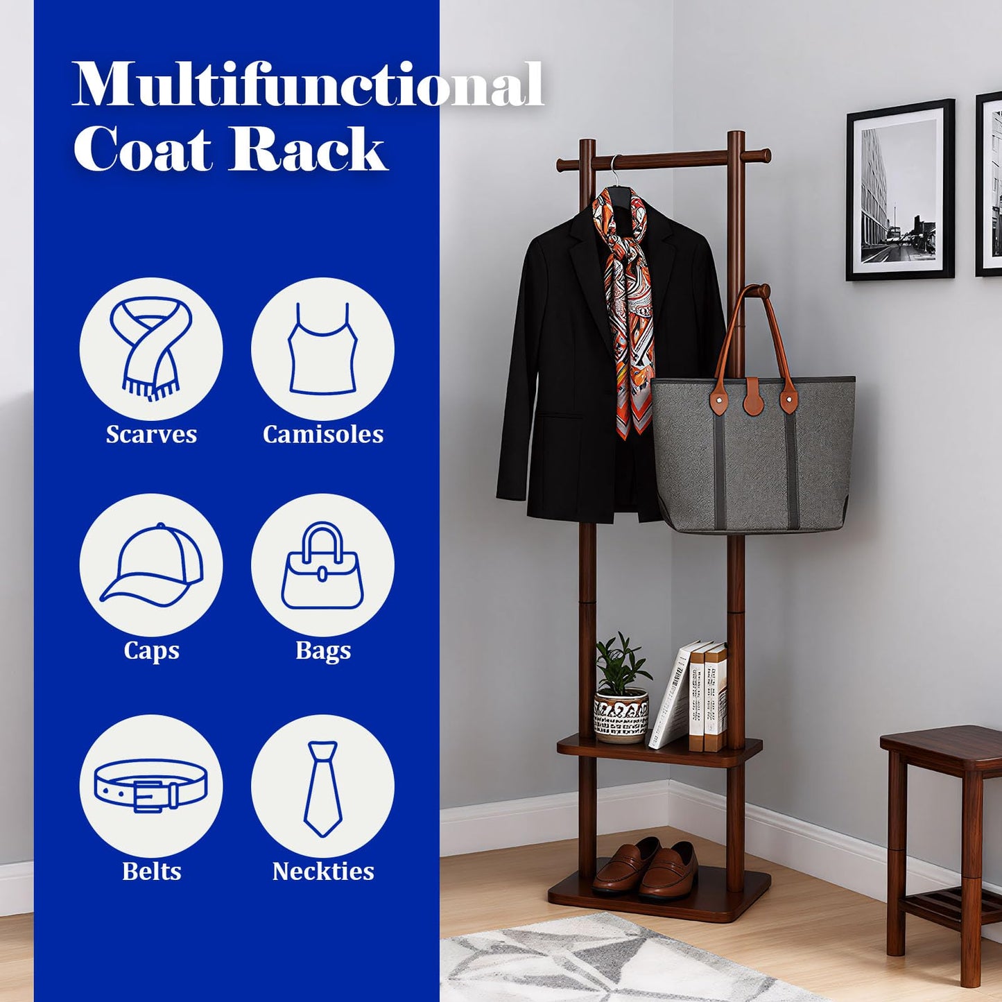 GZQXHOME Coat Rack,Wooden Coat Rack Freestanding,Standing Coat Racks Tree Clothes Hanger Stand with Stury Base for Entryway, Livingroom, Bedroom,Easy to Assemble(Brown)