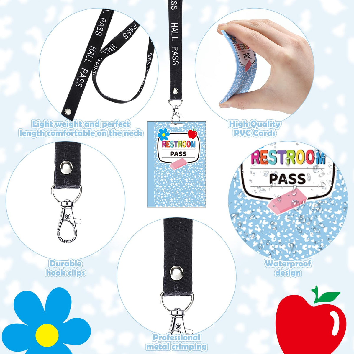 Fuyoooo 16 Set Colorful Composition Notebook Hall Pass Lanyards Unbreakable PVC Rainbow Classroom Passes with Lanyards Bathroom Boy Girl Library Hall Office Nurse Pass 2.4 x 3.5