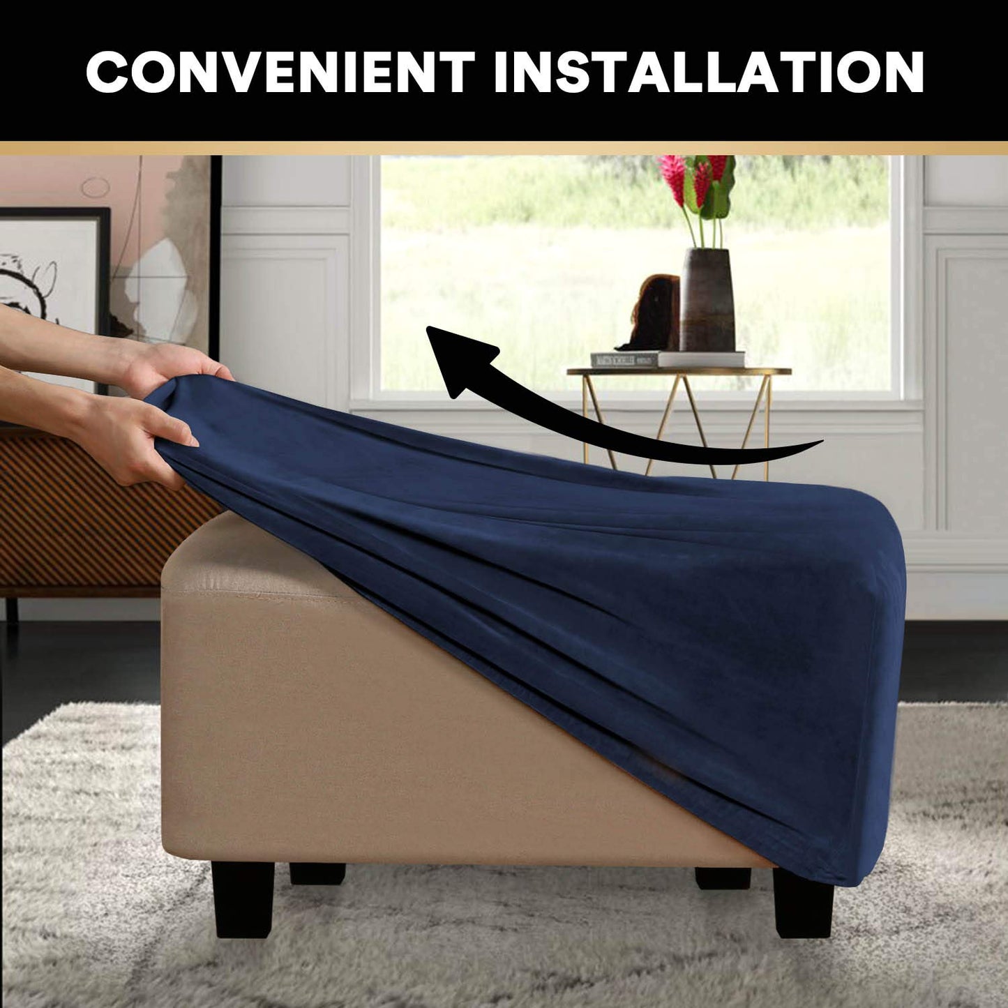 PrinceDeco Real Velvet Plush Ottoman Cover Soft Rectangle Folding Storage Covers Furniture Protector Removable Footstool Protect Footrest Covers Elastic Bottom(Large, Navy)