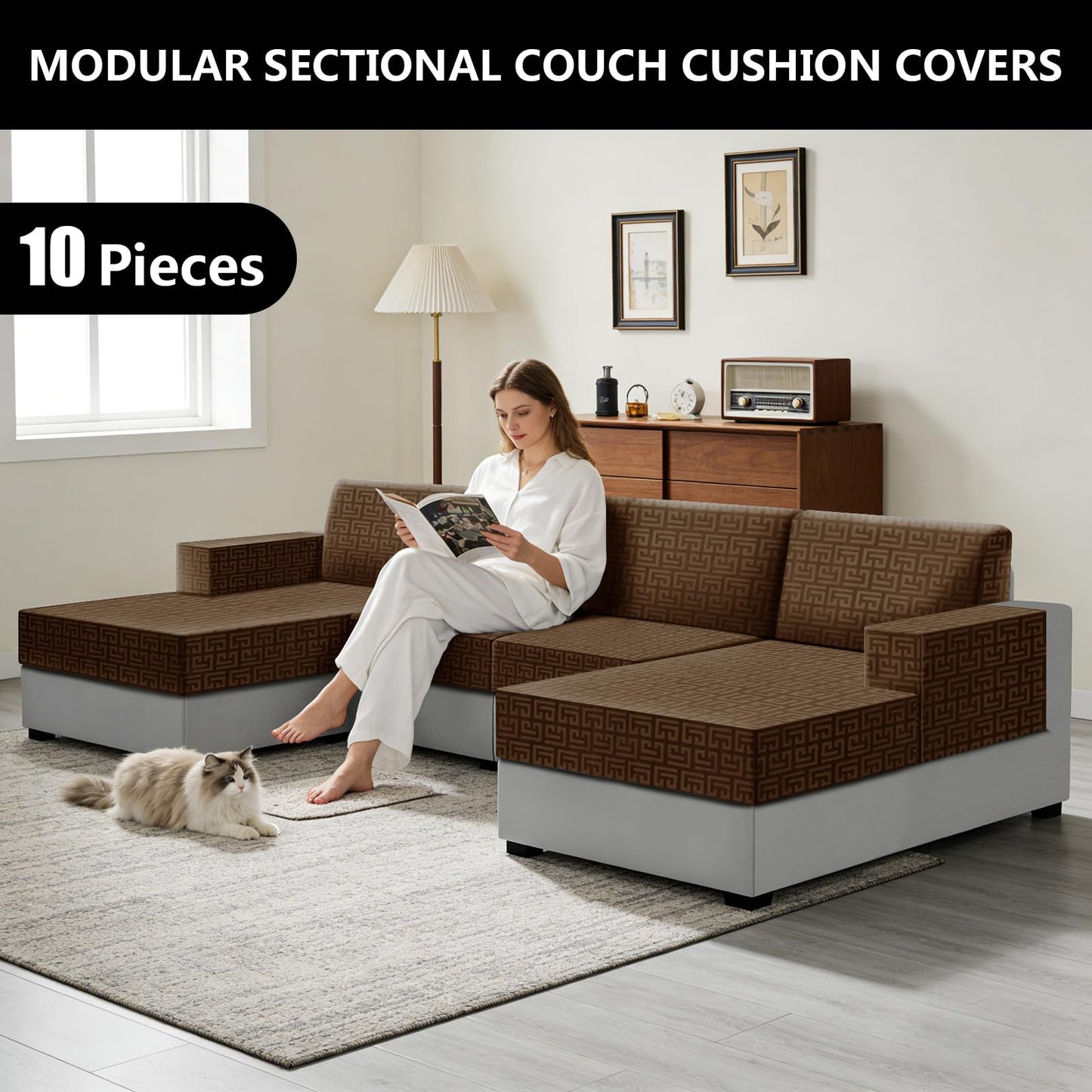 UNBBRRL 10 Pieces Stretch Sofa Cushion Covers for U-Shaped Modular Sectional Couch with 4 Seats+4 Backs+2 Arms, Upholstered Covers for Sofa Bed with Deep Double Chaise (Bronze,10 Pieces Set)