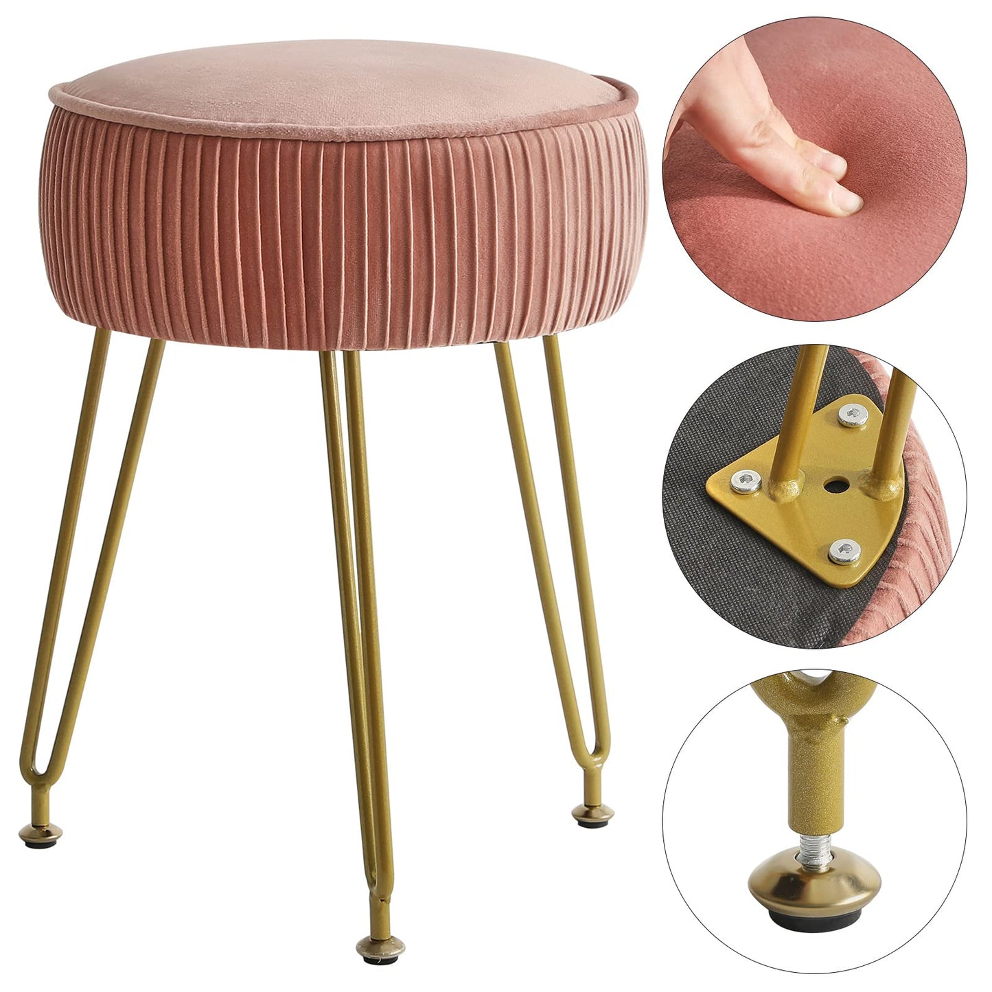 IBUYKE Velvet Vanity Stool Ottoman, Round Footrest Chair, Makeup Dressing Table Seat, Pouf Couch Stool, for Living Room, Golden Steel Legs, Pink LG-30P