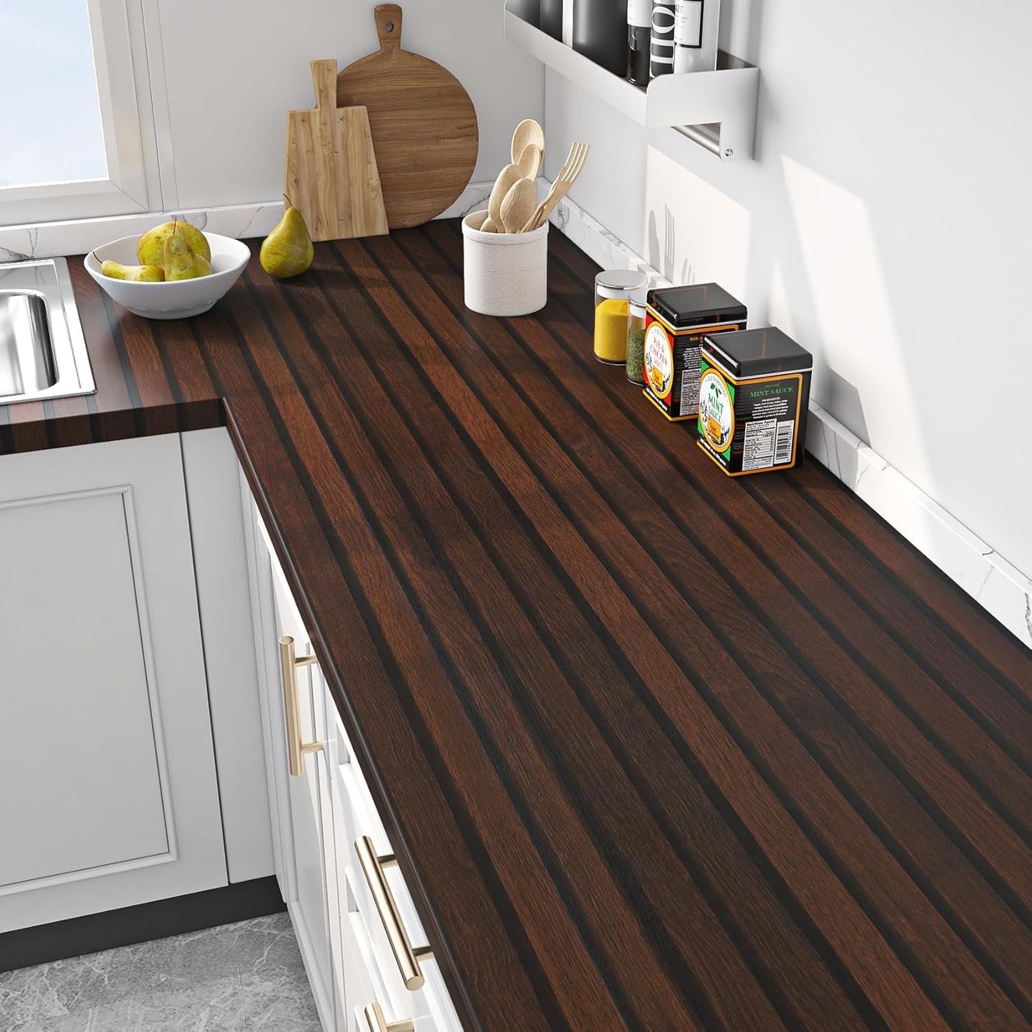 FunStick 24"x200" Slats Wood Wallpaper Peel and Stick Wall Paper Brown Walnut Slatted Wood Vinyl Self Adhesive Contact Paper Decorative for Cabinets Furniture Wooden Slat Wall Panels for Walls Bedroom