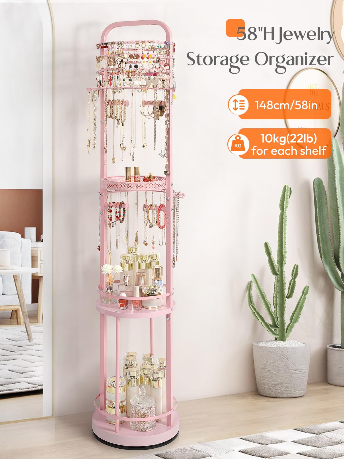 Jewelry Holder Organizer, Floor Jewelry Organizer with Earring Organizer Necklace Holder, Rotating Jewelry Stand Necklace Display Earring Storage, Large Hanging Jewelry Tree for Jewlery Bracelet Ring