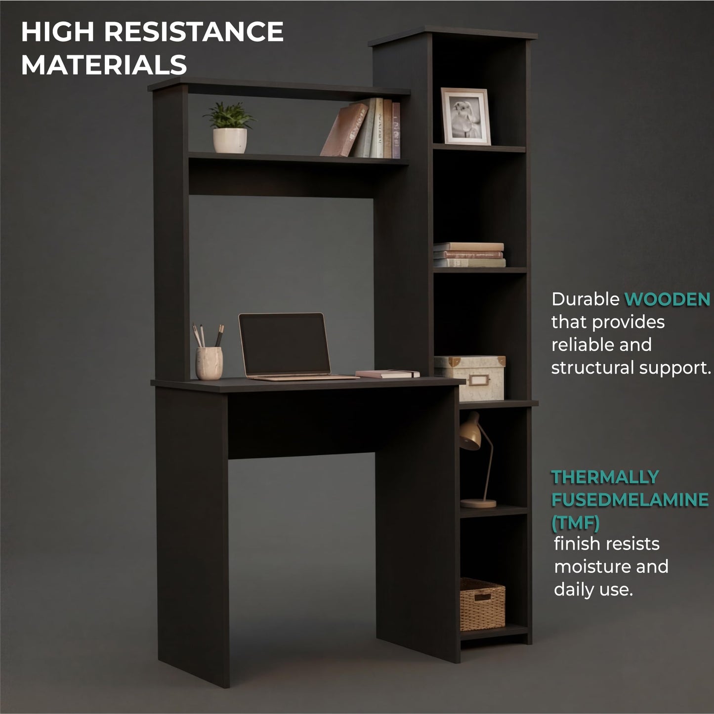 Tuhome Versalles Writing Desk with Two Superior Shelves, Five Side Open Storage Compartments, Space-Saving Modern Workstation Design for Studios and Offices, Ideal for Organization, Books