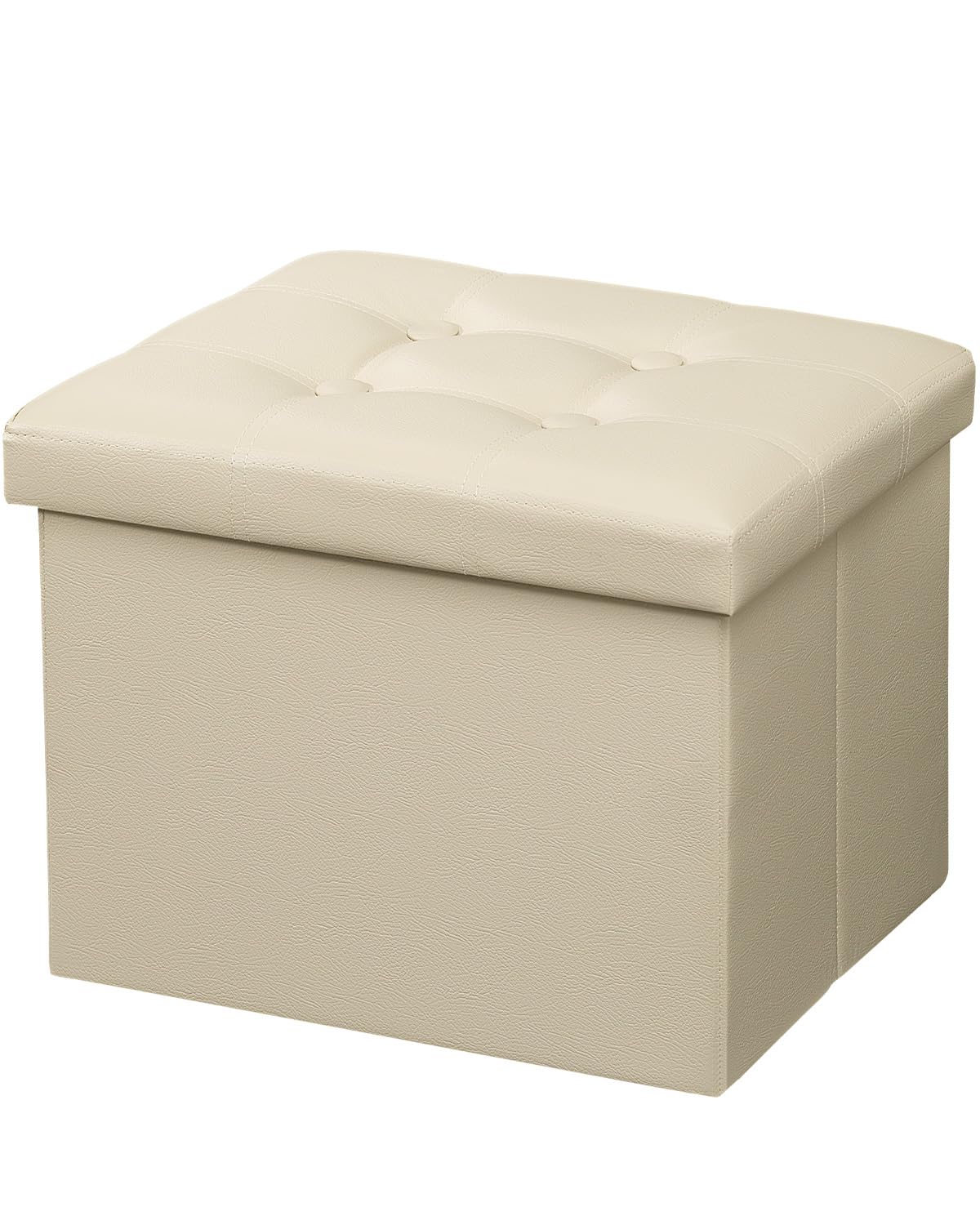 AmasSmile Storage Ottoman Folding Foot Rest Stool, Leather Footstool Bench, Short Ottoman Stool, Storage Foot Rest Store, Books (Beige, 17" D x 13" W x 13" H)