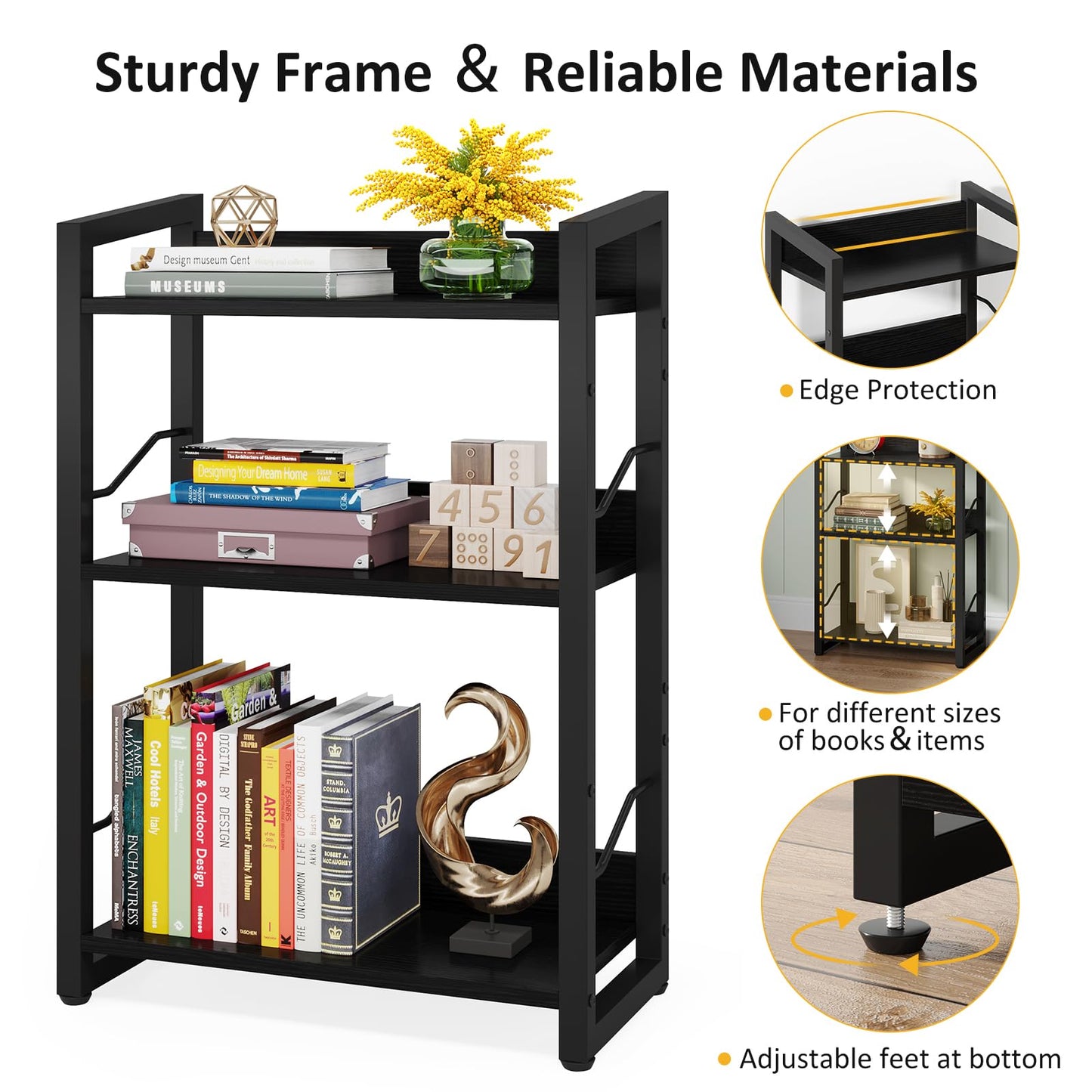 Hosfais Book Shelf Small Bookshelf - 3-Tier Wood Bookcase Industrial Bookshelf Metal Narrow Bookcase Storage Organizer Display Rack for Bedroom Living Room Home Office (Black)