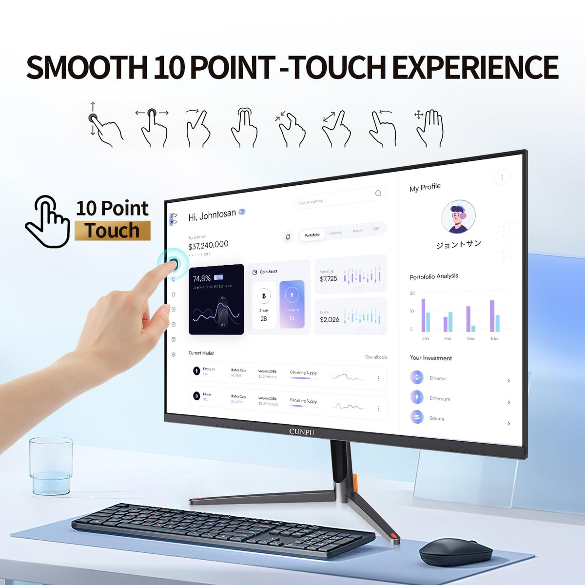 CUNPU 24 Inch Touchscreen Monitor, 10 Point Touch, FHD 1080P 75Hz IPS Screen, 100% SRGB, VESA Wall Mountable, Tilt Adjustment, VGA HDMI USB for PC, Laptop Business & Work Station, Warehouse