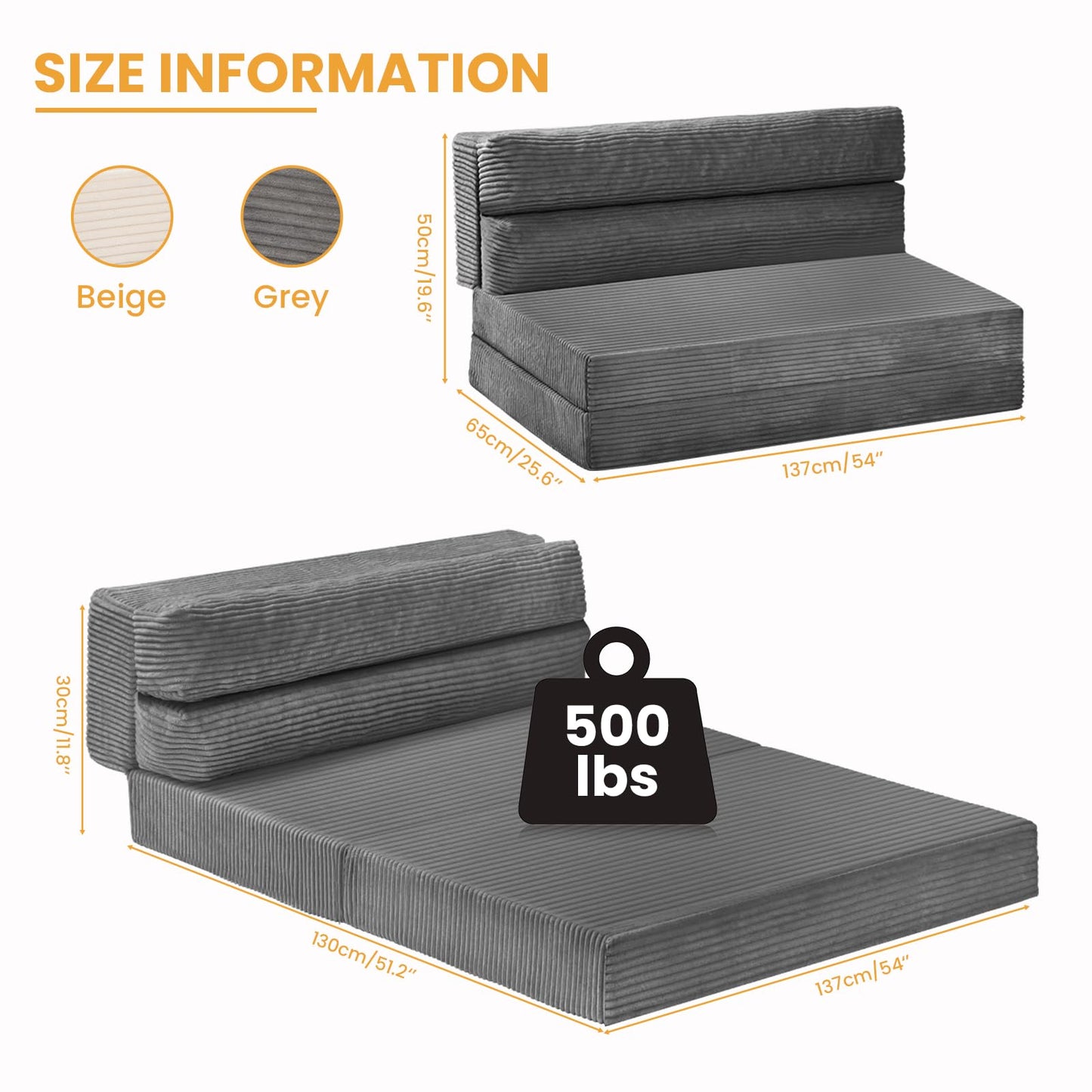 feliz home Foldable Mattress Full, 54" Folding Sofa Bed, 3-in-1 Convertible Sofa Bed Floor Couch for Living Room, Guest Room – No Assembly Required