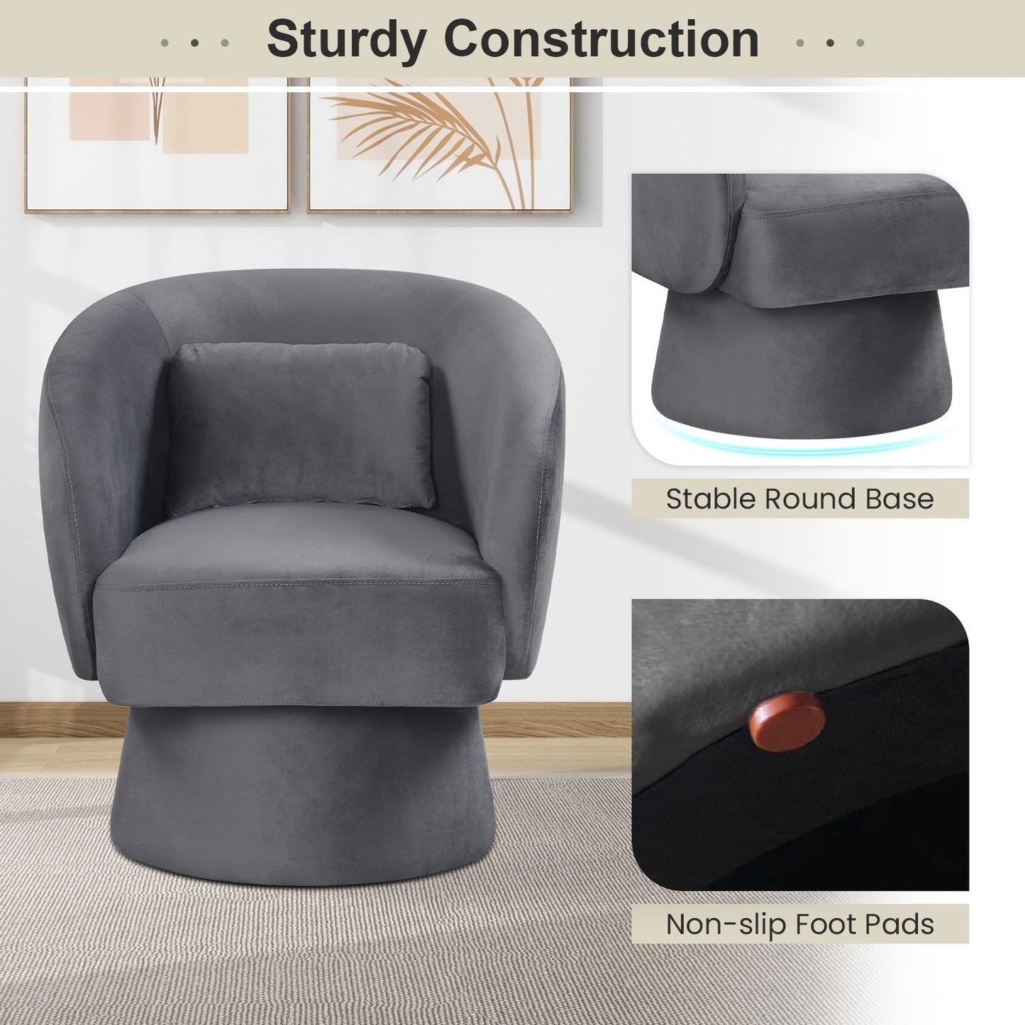 Giantex Swivel Accent Chair, Upholstered Barrel Chair with Curved Back & Removable Lumbar Pillow, Comfy Round Armchair with 360° Rotating Function, Single Sofa Chair for Living Room