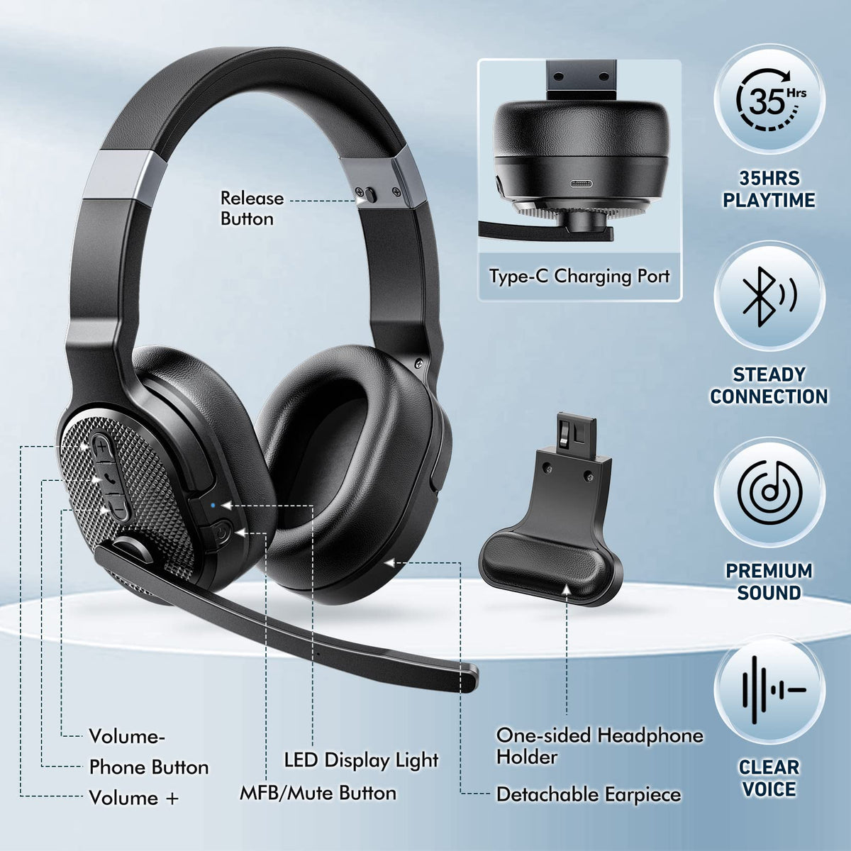 COSMUSIS Trucker Bluetooth Headset, Wireless Headsets with Noise Cancelling Microphone, Long Battery Life Bluetooth Headphones with Detachable Earpad/Single+Dual Mode for Office/Driving/Home