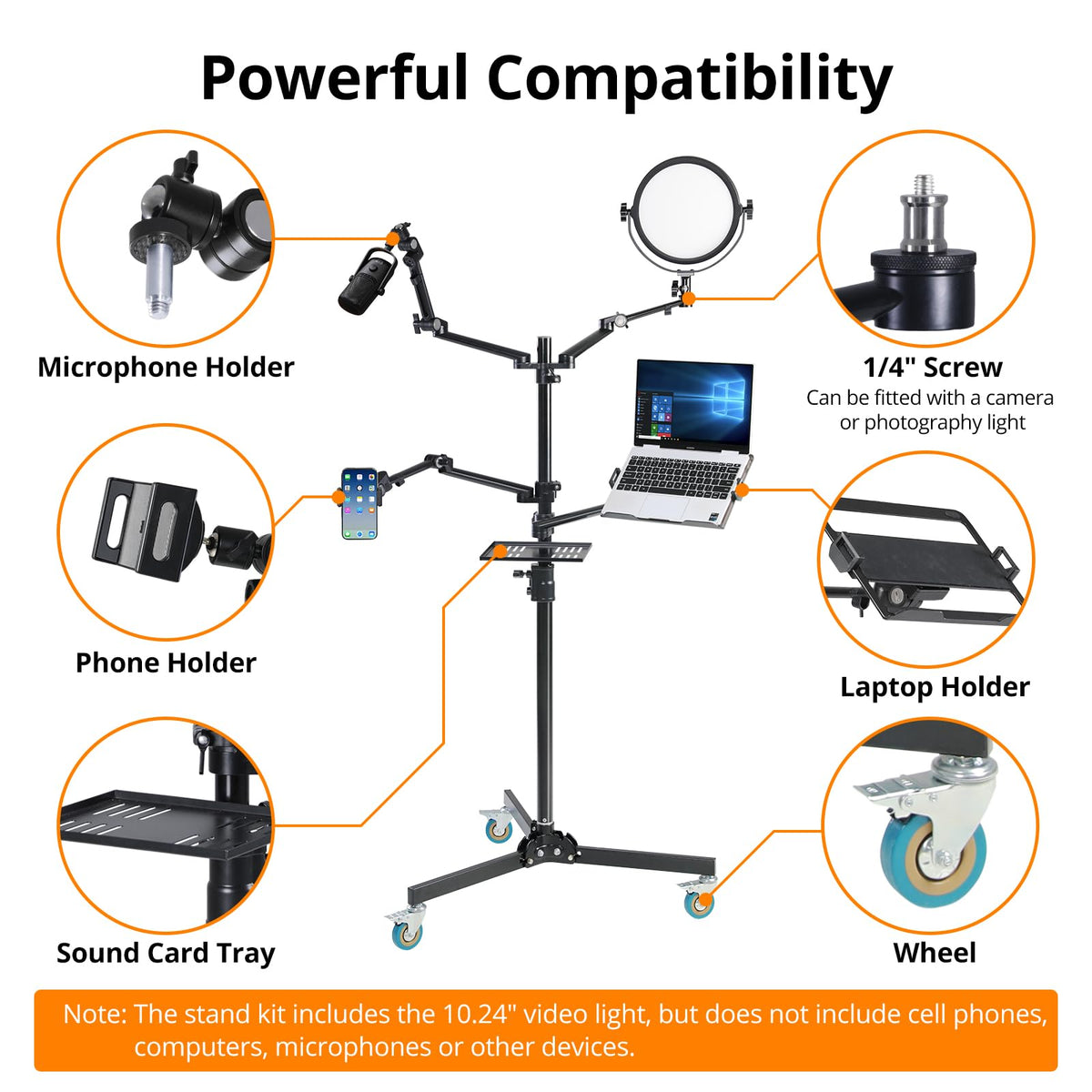 GVM 5-in-1 Movable Live Streaming Floor Stand Kit with Wheels, Overhead Camera Mount with 10" LED Key Light/Mic Boom Arm/Tablet Laptop Phone Stand/Tray for Live Broadcast Podcast Video Recording Game
