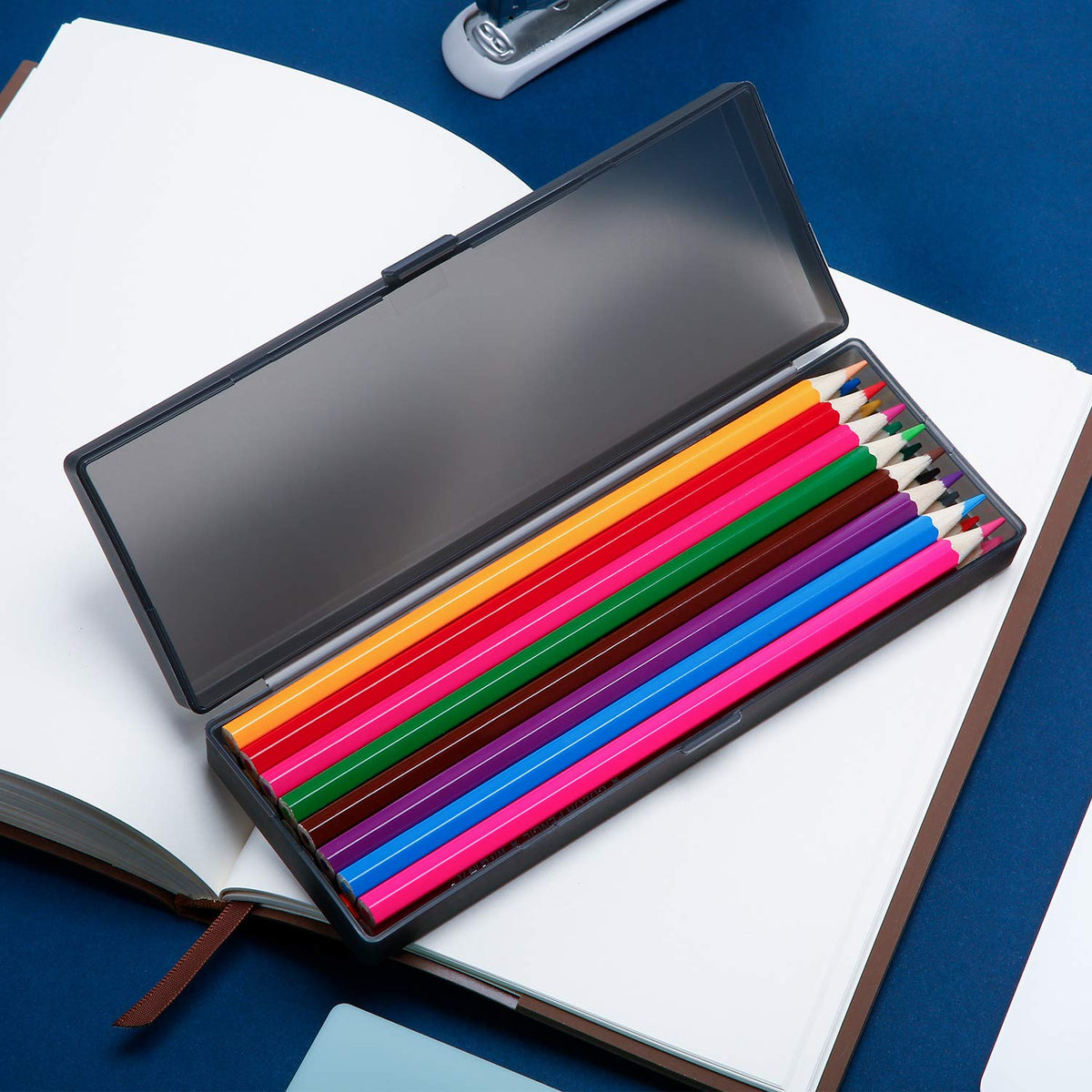 Chinco 4 Pieces Plastic Pencil Case Plastic Stationery Case with Hinged Lid and Snap Closure for Pencils, Pens, Drill Bits, Office Supplies (Black, Pink, White, Green)