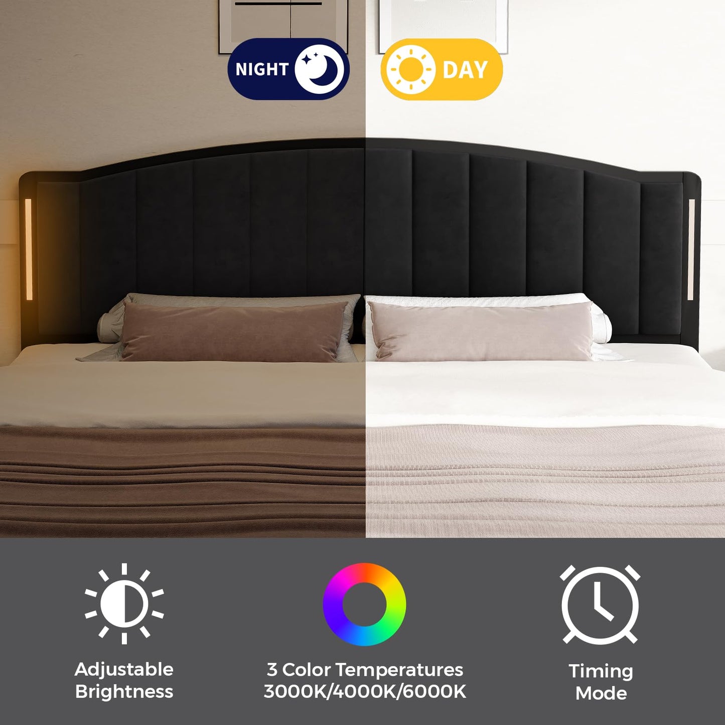 Salamir Headboard for Queen Size Bed with LED Lights, Upholstered Vertical Channel Tufting Head Boards, Velvet Headboard Only, Attach Frame, Ideal for Bedroom, Dorm, Guest Room, Black